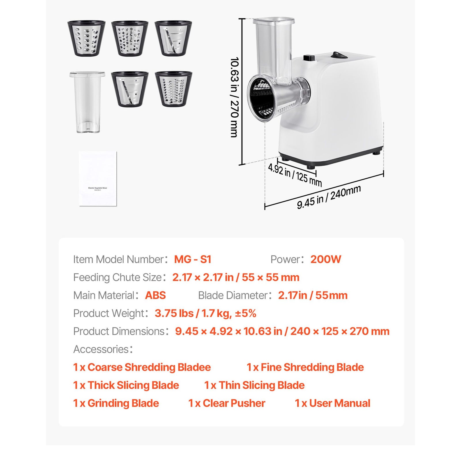 Electric Cheese Grater Salad Maker, 200W Salad Shooter, Electric Vegetable Slicer Shredder Chopper for Fruits with 5 Attachments, Stainless Steel Food Cutter for Vegetables, and Cheeses