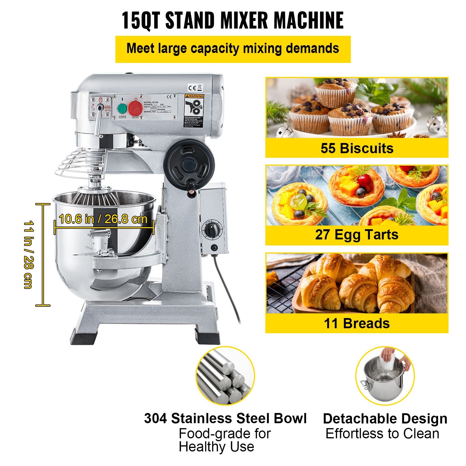 Commercial Stand Mixer, 850W Heavy Duty Electric Food Mixer, 15Qt Stainless Steel Bowl with 3 Speeds Adjustable 113/184/341 RPM, Dough Hook Whisk Beater Included, Perfect for Bakery Pizzeria