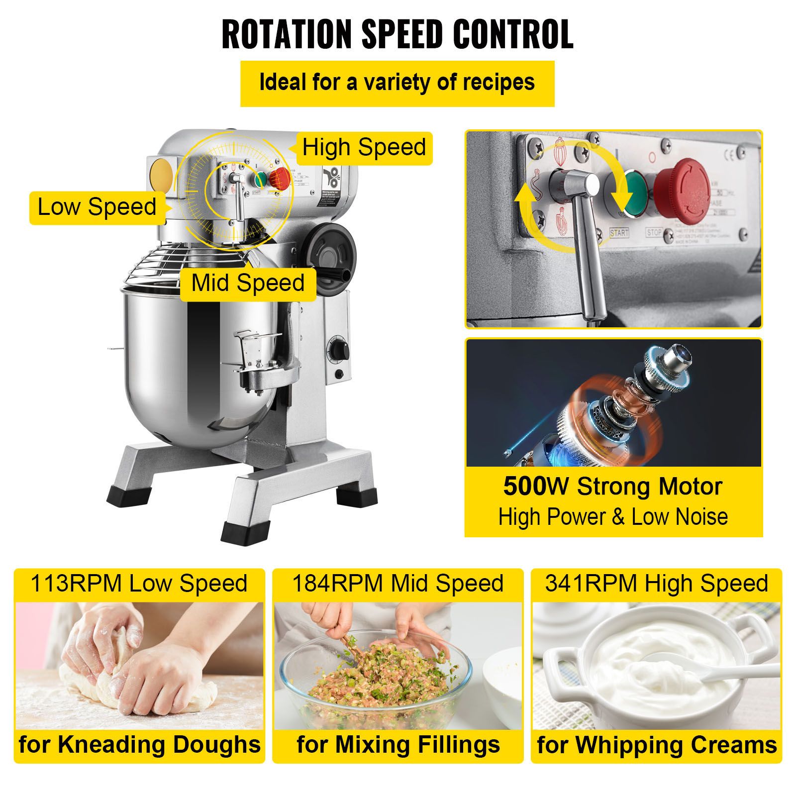 Commercial Stand Mixer, 850W Heavy Duty Electric Food Mixer, 15Qt Stainless Steel Bowl with 3 Speeds Adjustable 113/184/341 RPM, Dough Hook Whisk Beater Included, Perfect for Bakery Pizzeria