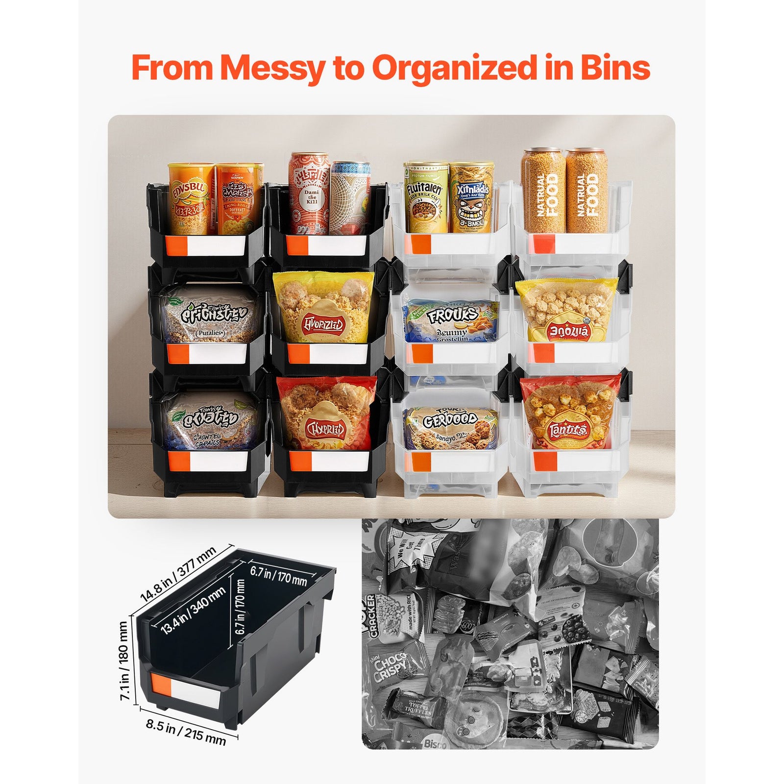12 Pack Stackable Storage Bins Plastic Organizer Containers Black Clear