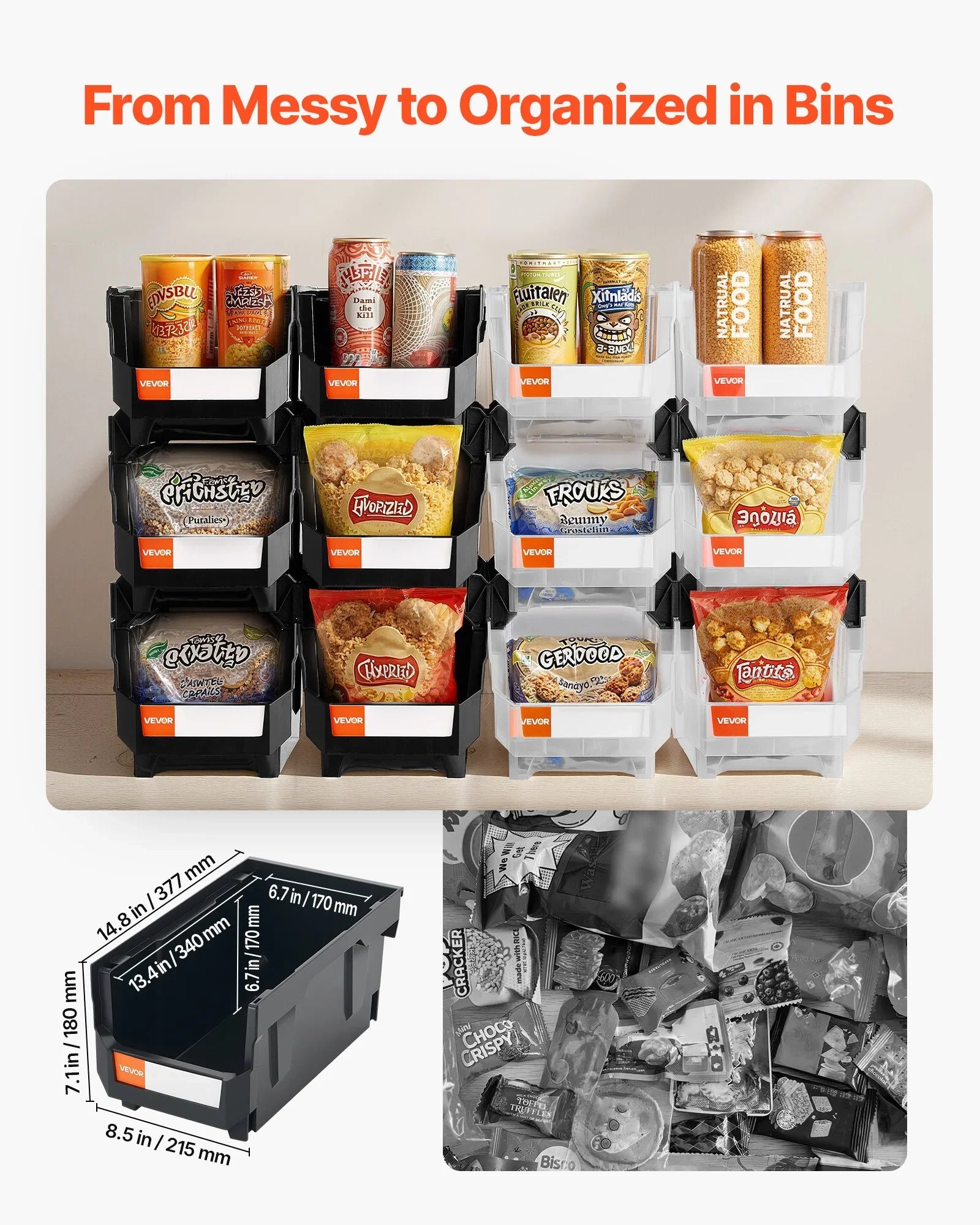 Plastic Stackable Storage Bins, 37.7 x 21.5 x 18 cm (12 Pack), Plastic Containers for Organizing & Storage Bins for Garage, Small Parts, Office Supplies, Other Accessories, Black & Transparent
