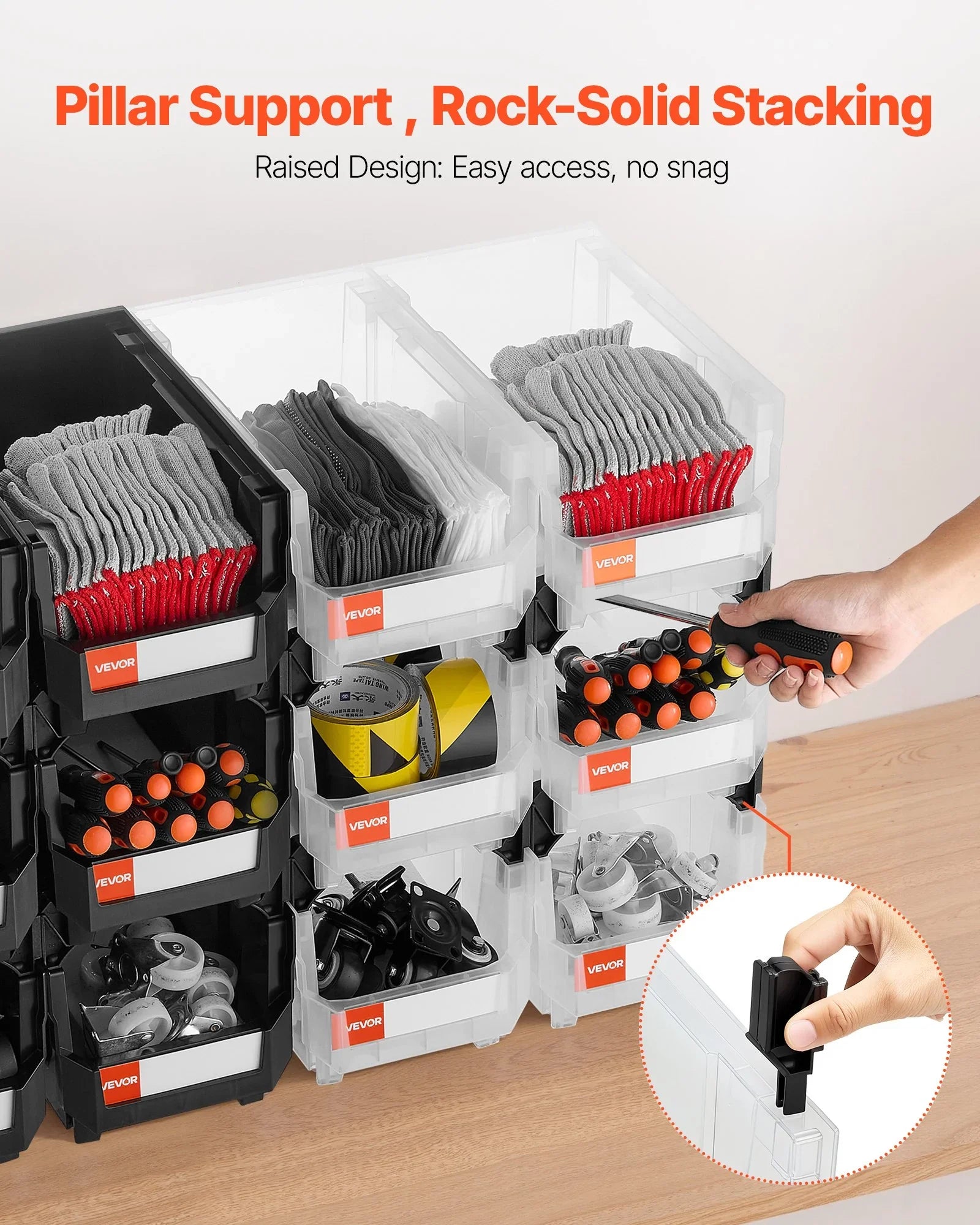Plastic Stackable Storage Bins, 37.7 x 21.5 x 18 cm (12 Pack), Plastic Containers for Organizing & Storage Bins for Garage, Small Parts, Office Supplies, Other Accessories, Black & Transparent