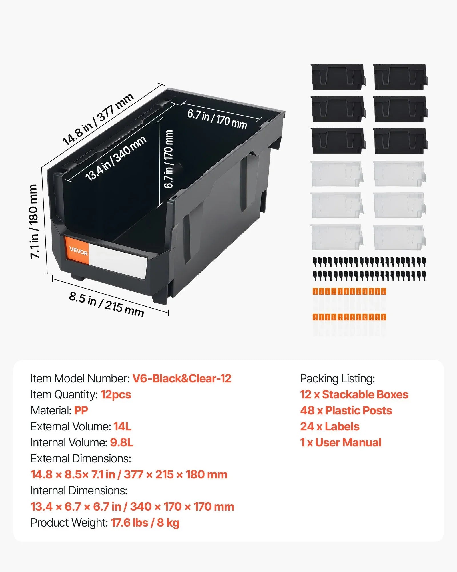 Plastic Stackable Storage Bins, 37.7 x 21.5 x 18 cm (12 Pack), Plastic Containers for Organizing & Storage Bins for Garage, Small Parts, Office Supplies, Other Accessories, Black & Transparent