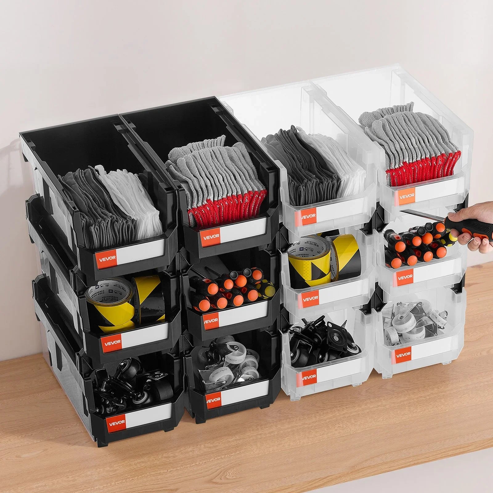 Plastic Stackable Storage Bins, 37.7 x 21.5 x 18 cm (12 Pack), Plastic Containers for Organizing & Storage Bins for Garage, Small Parts, Office Supplies, Other Accessories, Black & Transparent