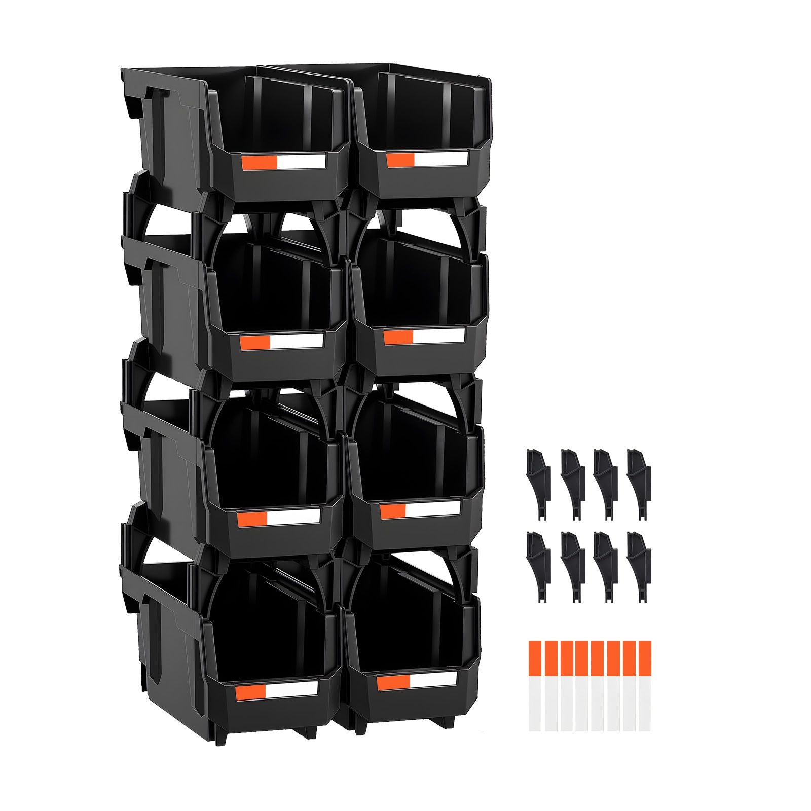 8 Pack Black Stackable Plastic Storage Bins 27.6x14x13cm Organiser Boxes