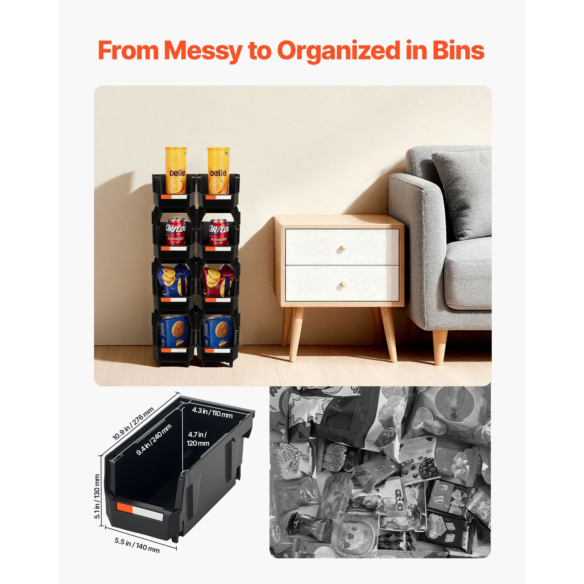 8 Pack Black Stackable Plastic Storage Bins 27.6x14x13cm Organiser Boxes