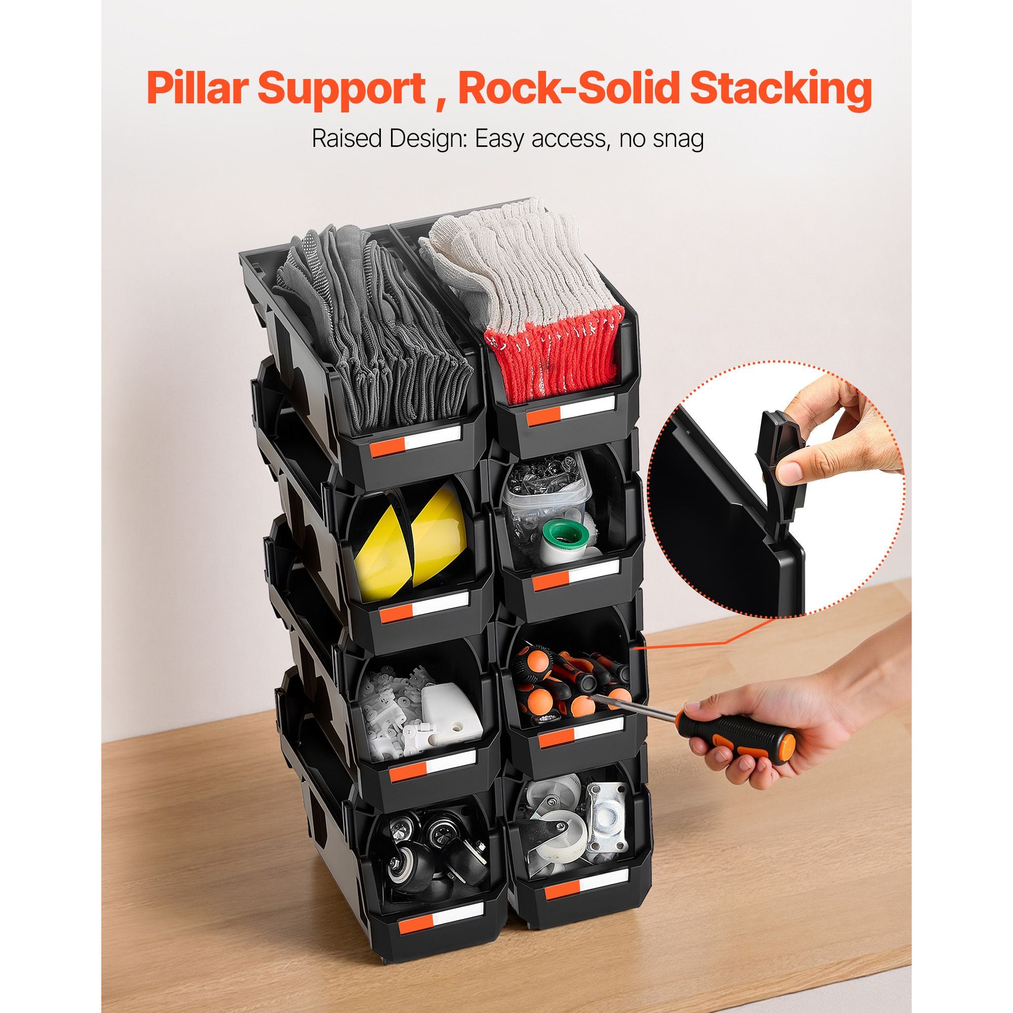 8 Pack Black Stackable Plastic Storage Bins 27.6x14x13cm Organiser Boxes