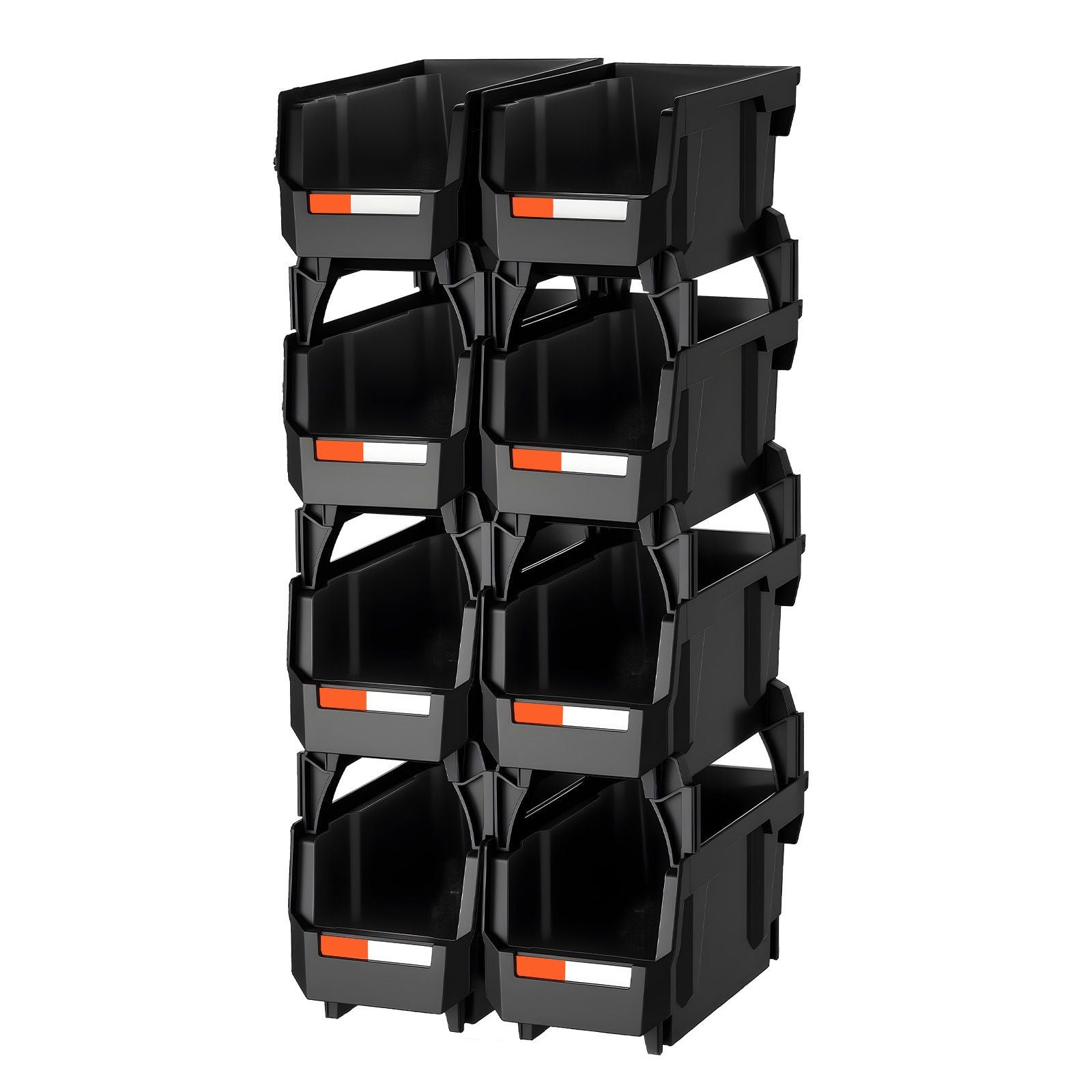 8 Pack Black Stackable Plastic Storage Bins 27.6x14x13cm Organiser Boxes