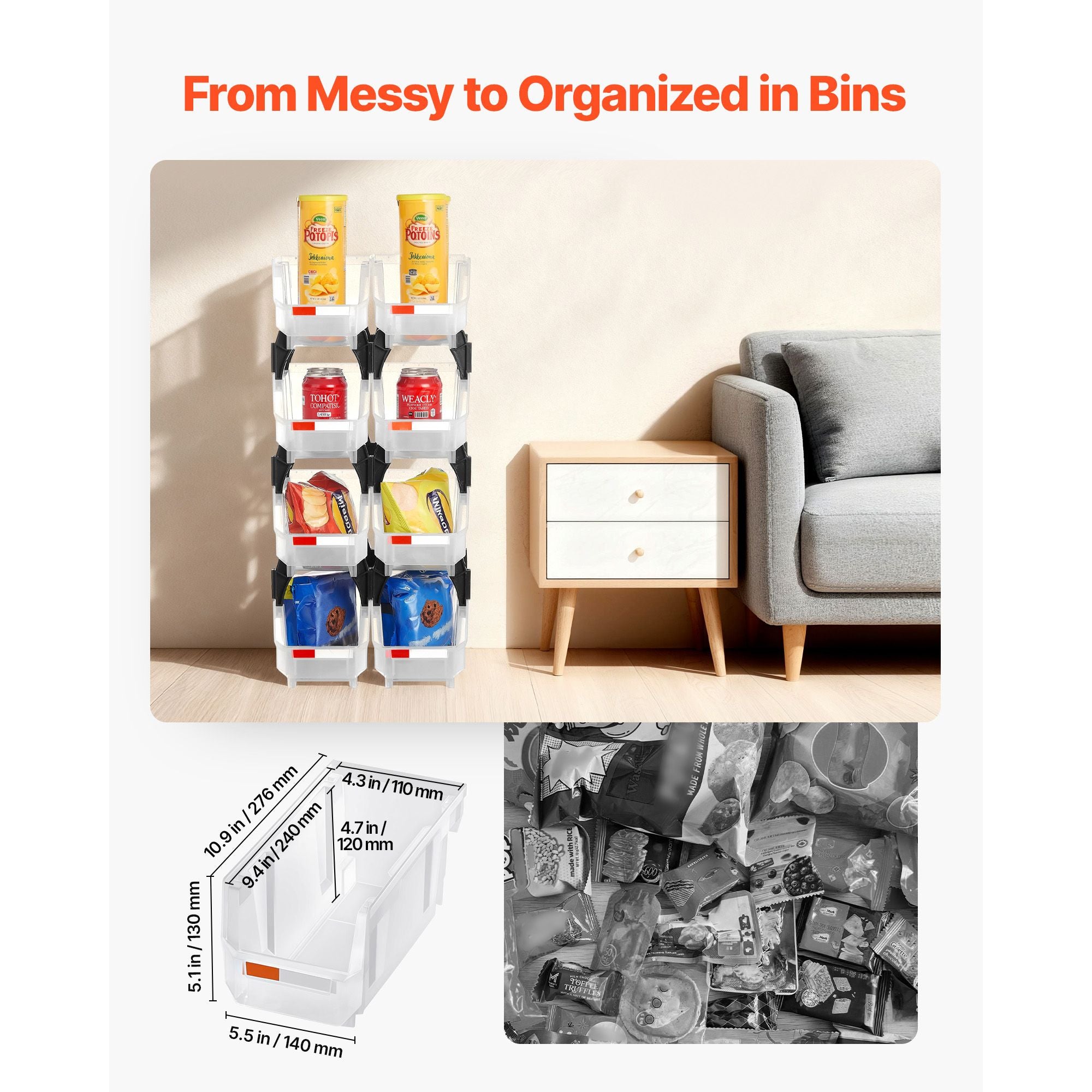 8 Pack Stackable Plastic Storage Bins 27.6x14x13cm Clear Organiser Boxes