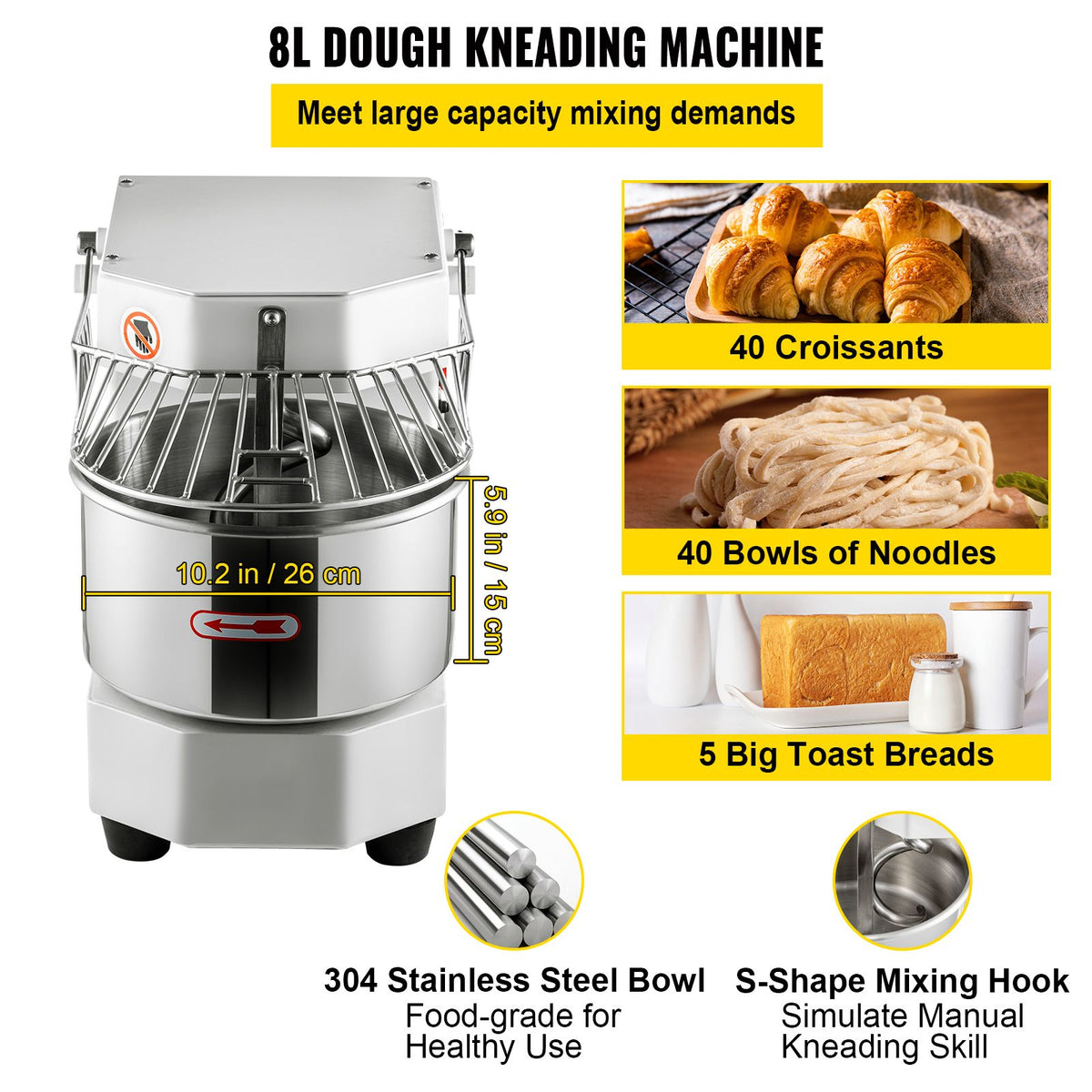 Commercial Dough Food Mixer, 8L Large Capacity Stainless Steel Mixer with Bowel, Hook, Shield, Reset Button, 450W Tilt-Head Kitchen Dough Mixers for Cake, Cream, Egg Fluid, Fillings