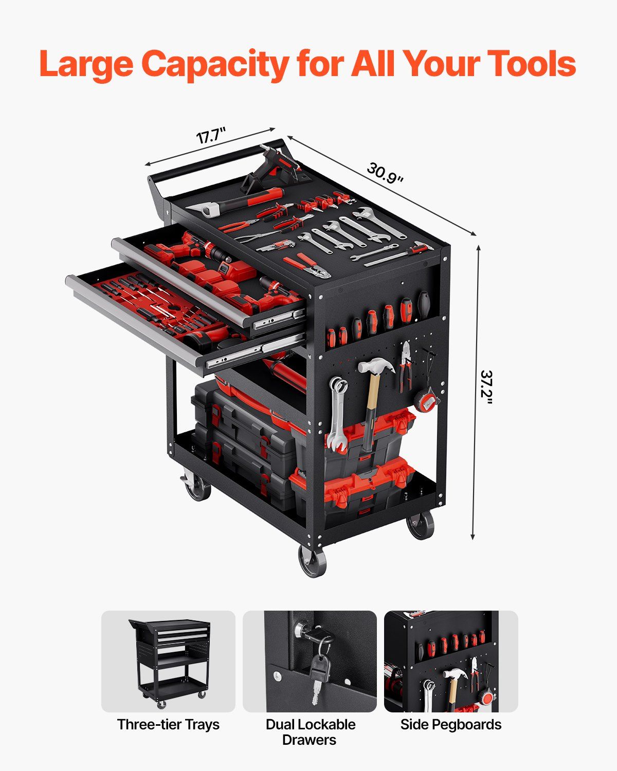 5-Tier Tool Cart with Wheels, 400 lbs Load Capacity, Rolling Work Cart with 2 Drawers & Pegboard, Mechanic Tool Storage Organizer with Locking System for Garage, Warehouse and Repair Shop, Black