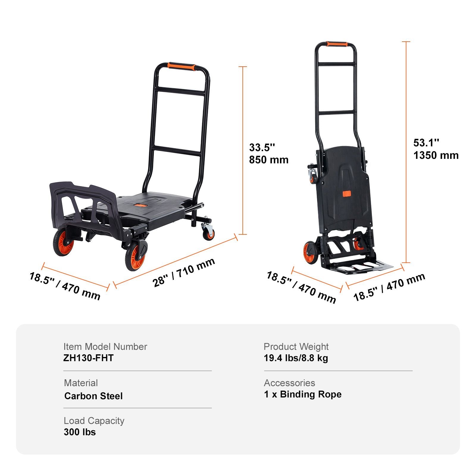 Aluminum Hand Truck, 2 in 1, 136 kg Max Load Capacity, Heavy Duty Industrial Convertible Folding Hand Truck and Dolly, Utility Cart Converts from Hand Truck to Platform Cart with Rubber Wheels
