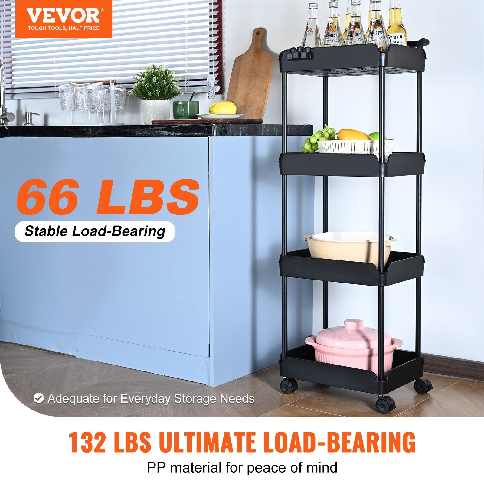 VEVOR 4-Tier Kitchen Rolling Cart Basket Utility Cart on Wheel with Handle Black