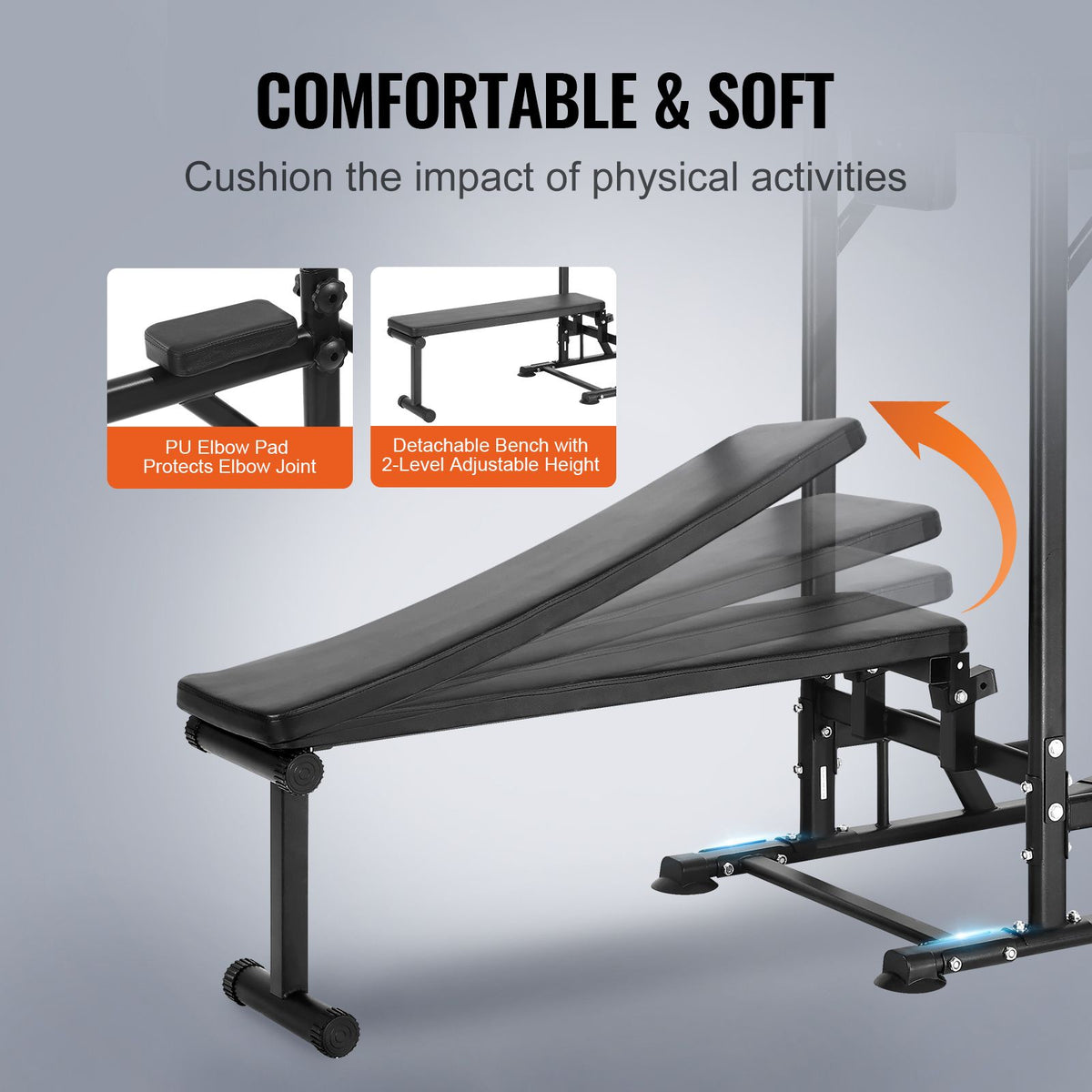 Power Tower with Bench, 10-Level Height Adjustable Pull Up Bar Stand Dip Station & Detachable Bench, Multi-Function Home Gym Strength Training Fitness Equipment with Backrest, Elbow Pads, 440LBS