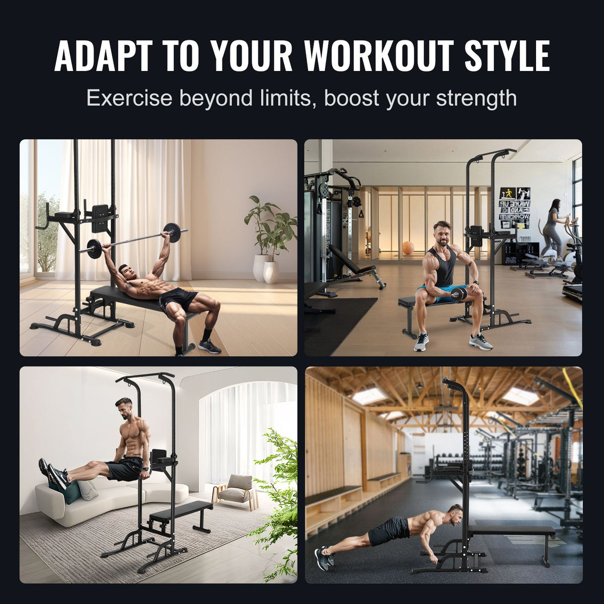 Power Tower with Bench, 10-Level Height Adjustable Pull Up Bar Stand Dip Station & Detachable Bench, Multi-Function Home Gym Strength Training Fitness Equipment with Backrest, Elbow Pads, 440LBS