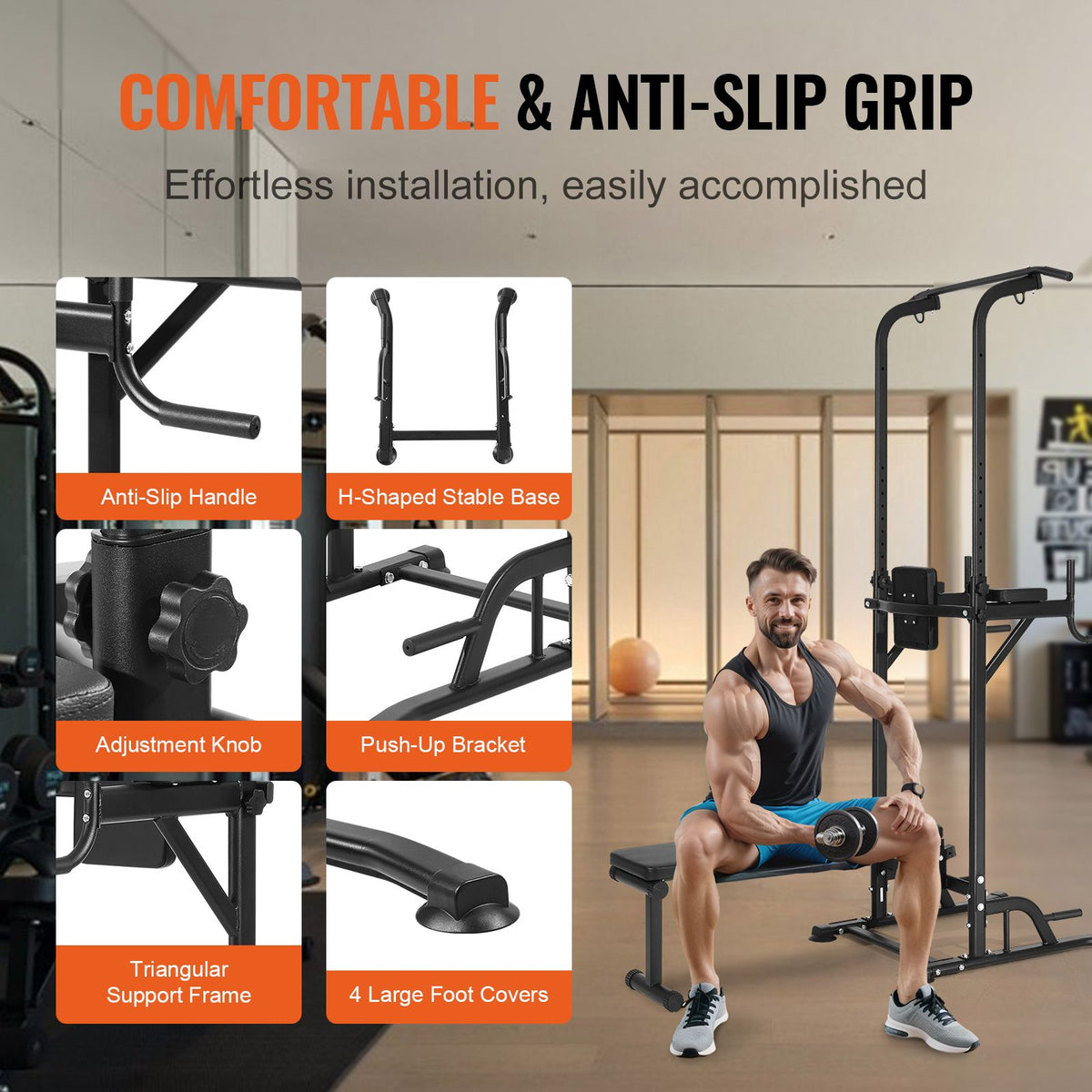 Power Tower with Bench, 10-Level Height Adjustable Pull Up Bar Stand Dip Station & Detachable Bench, Multi-Function Home Gym Strength Training Fitness Equipment with Backrest, Elbow Pads, 440LBS
