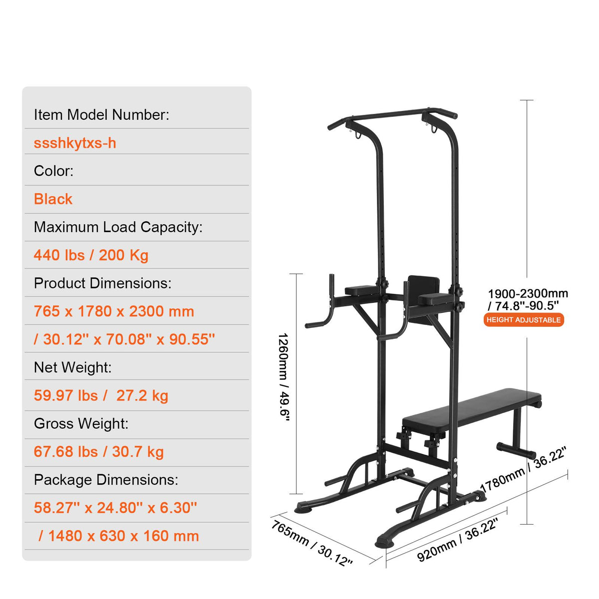 Power Tower with Bench, 10-Level Height Adjustable Pull Up Bar Stand Dip Station & Detachable Bench, Multi-Function Home Gym Strength Training Fitness Equipment with Backrest, Elbow Pads, 440LBS
