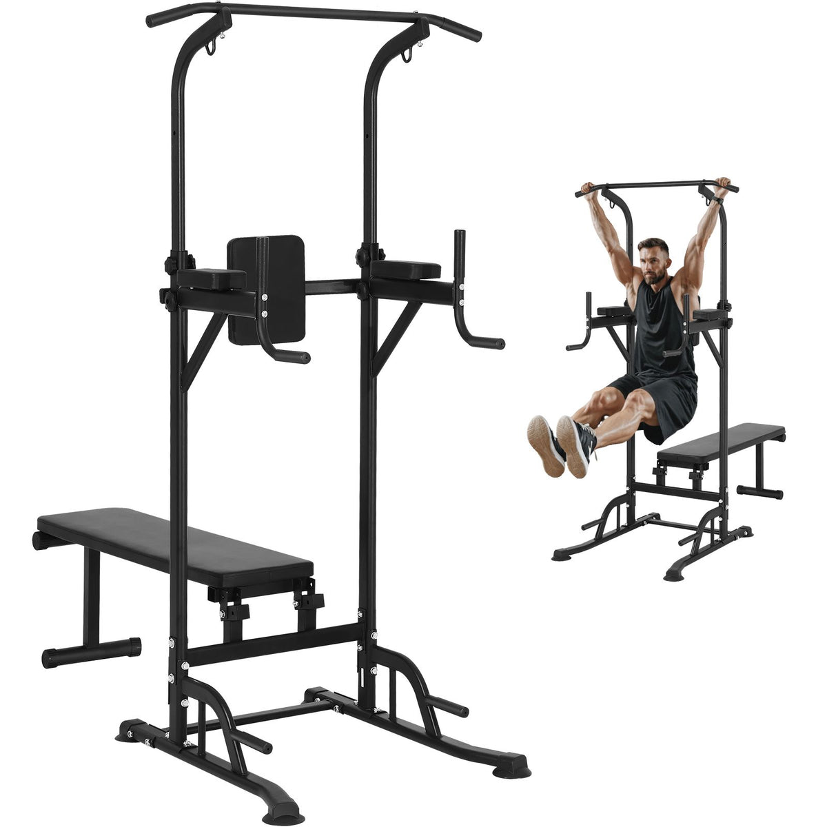 Power Tower with Bench, 10-Level Height Adjustable Pull Up Bar Stand Dip Station & Detachable Bench, Multi-Function Home Gym Strength Training Fitness Equipment with Backrest, Elbow Pads, 440LBS