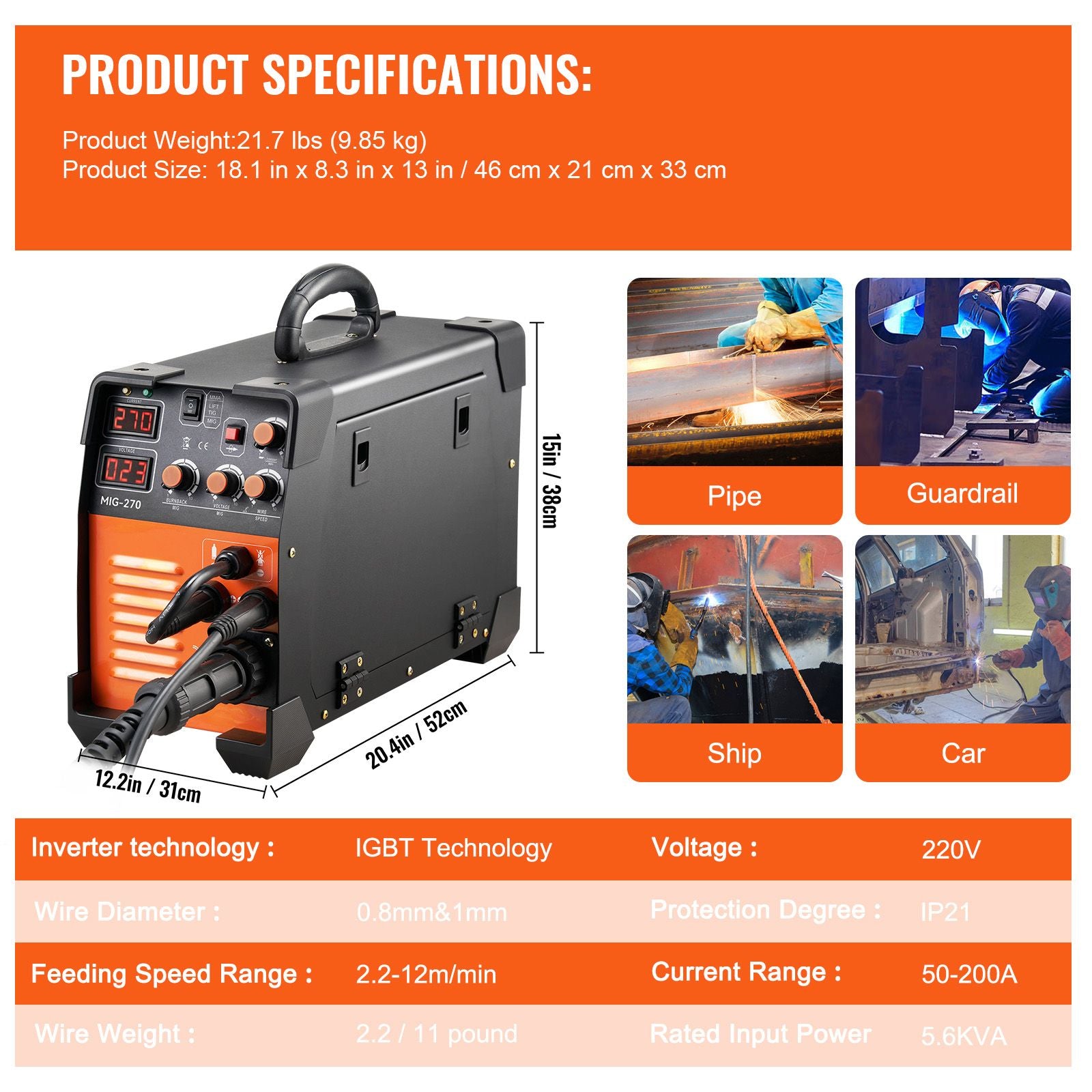 MIG-270 3-in-1 MIG MMA TIG IGBT Inverter Welder Digital Display