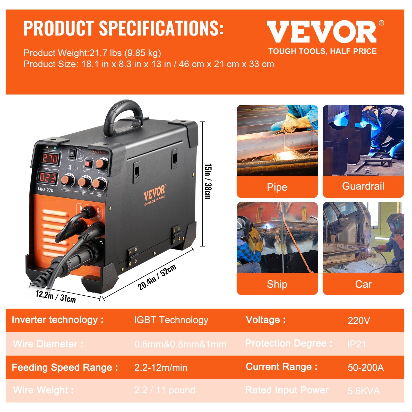 Vevor Mig Welder Welding Machine MIG-270 MIG MMA TIG IGBT DC Inverter Welder Digital Display