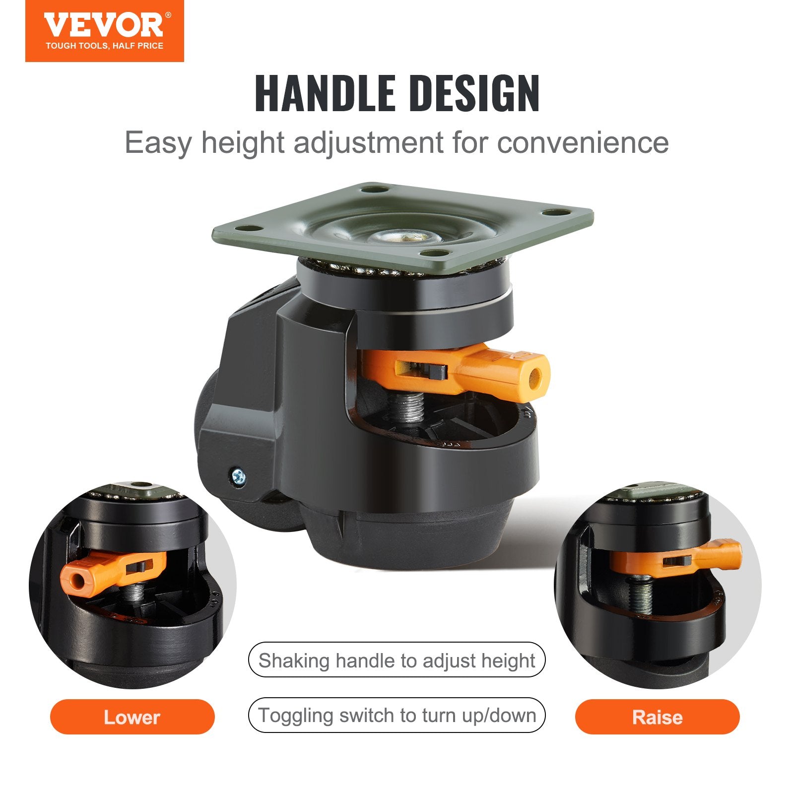 Leveling Casters, Set of 4, 1000 kg Total Load Capacity, 63.5 mm, Heavy Duty with Upgraded Handle Design, 360 Degree Swivel Caster Wheels, Adjustable Casters with Feet for Workbench, Machine