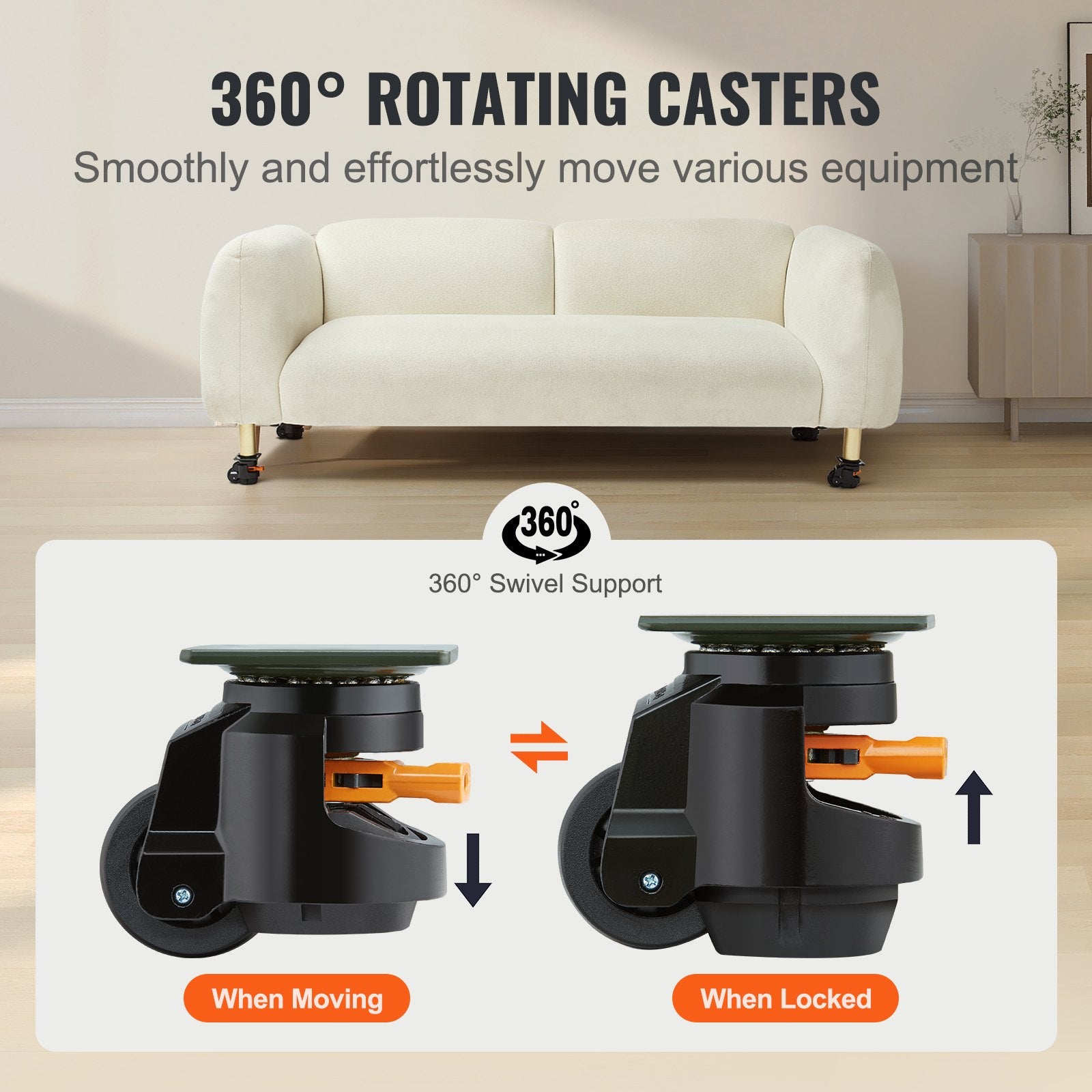 Leveling Casters, Set of 4, 1000 kg Total Load Capacity, 63.5 mm, Heavy Duty with Upgraded Handle Design, 360 Degree Swivel Caster Wheels, Adjustable Casters with Feet for Workbench, Machine