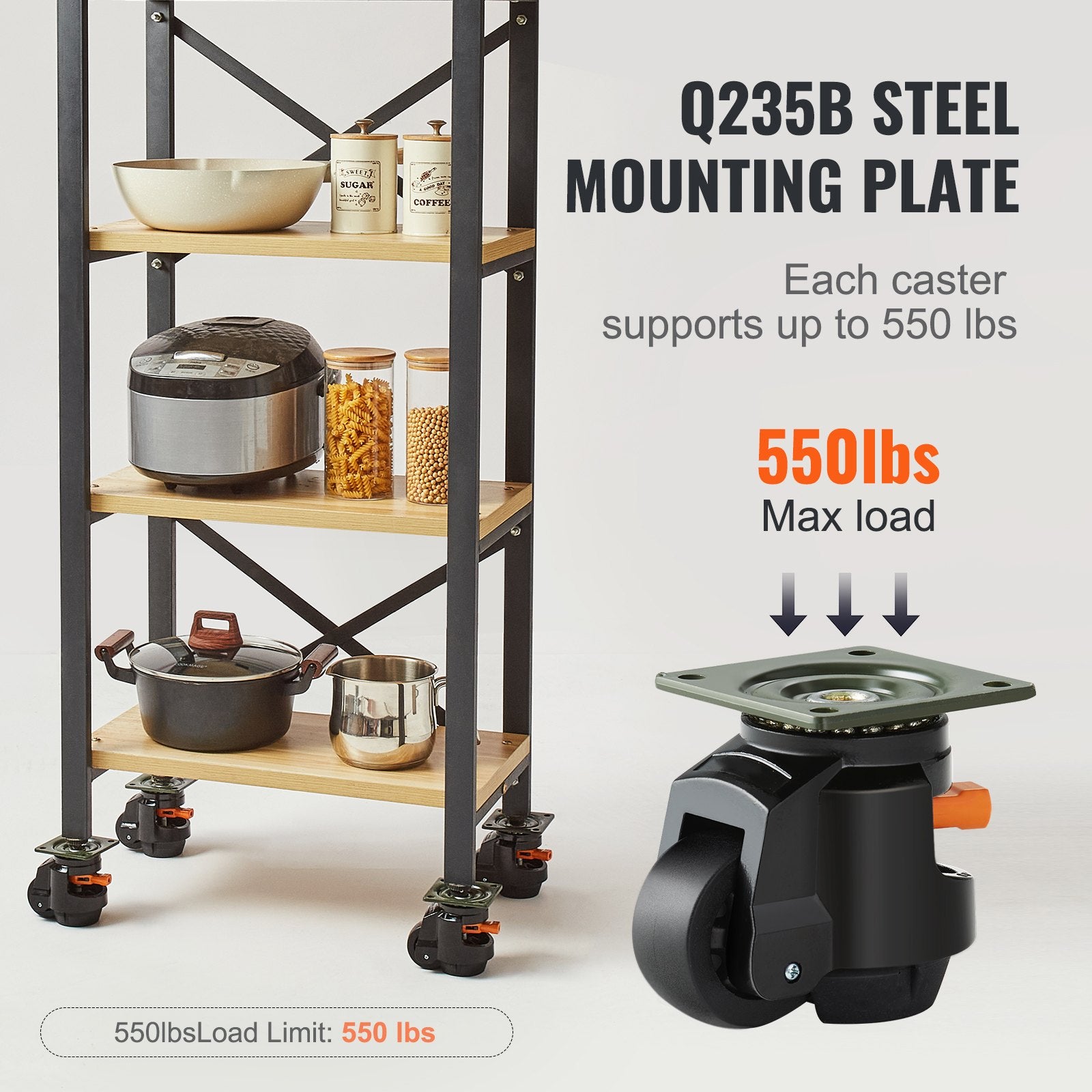 Leveling Casters, Set of 4, 1000 kg Total Load Capacity, 63.5 mm, Heavy Duty with Upgraded Handle Design, 360 Degree Swivel Caster Wheels, Adjustable Casters with Feet for Workbench, Machine