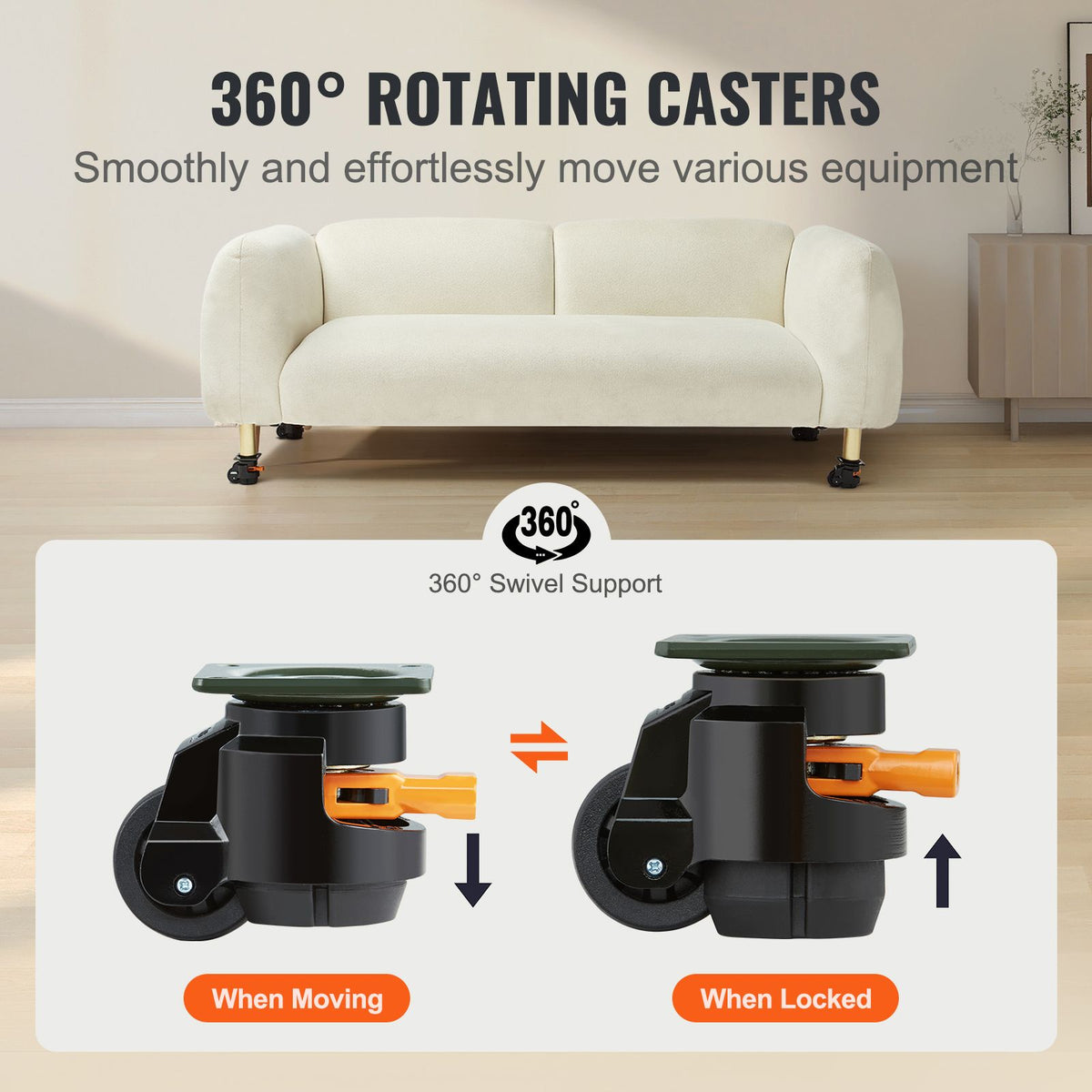 Leveling Casters Set of 4 Heavy Duty 360° Swivel Wheels 500kg Capacity