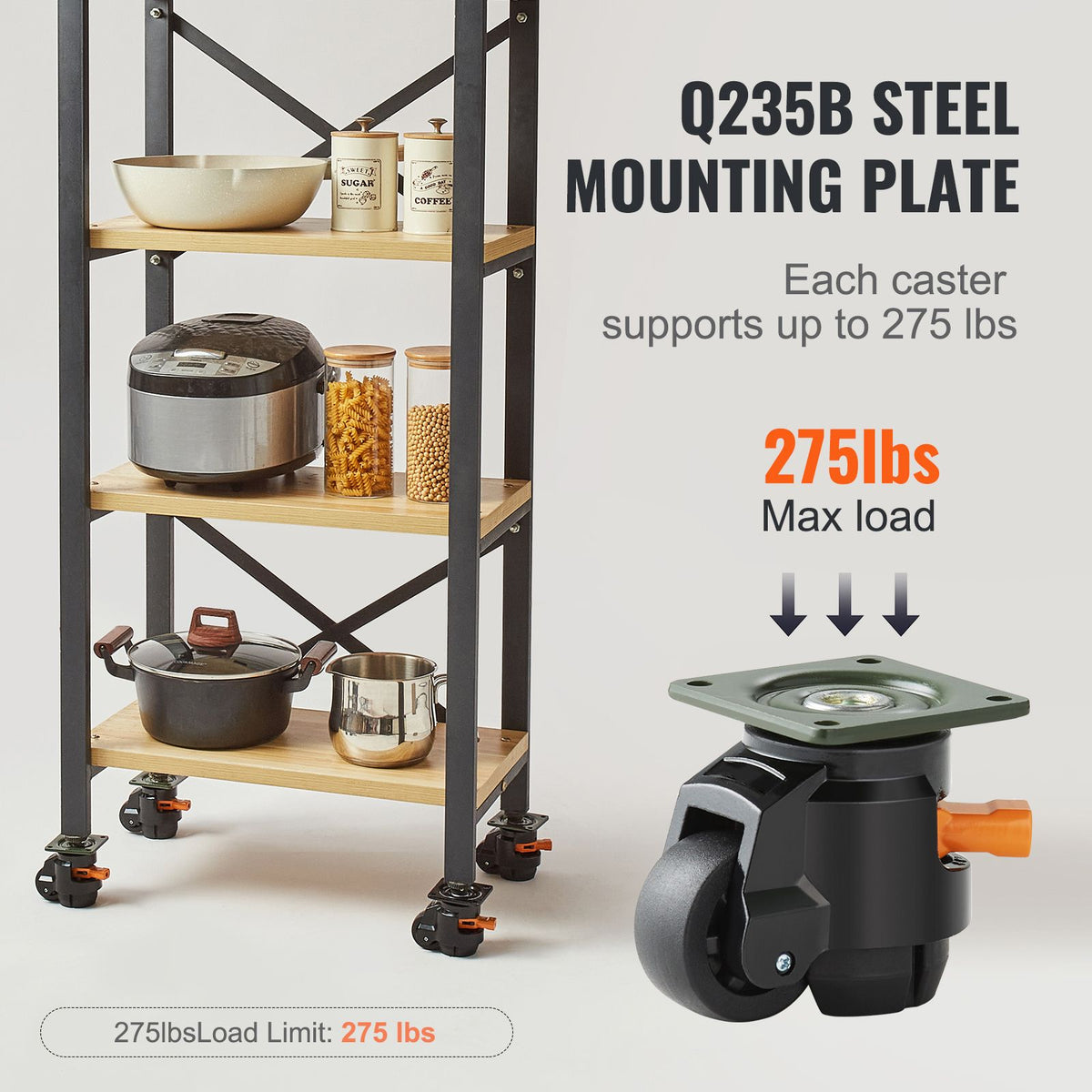 Leveling Casters Set of 4 Heavy Duty 360° Swivel Wheels 500kg Capacity