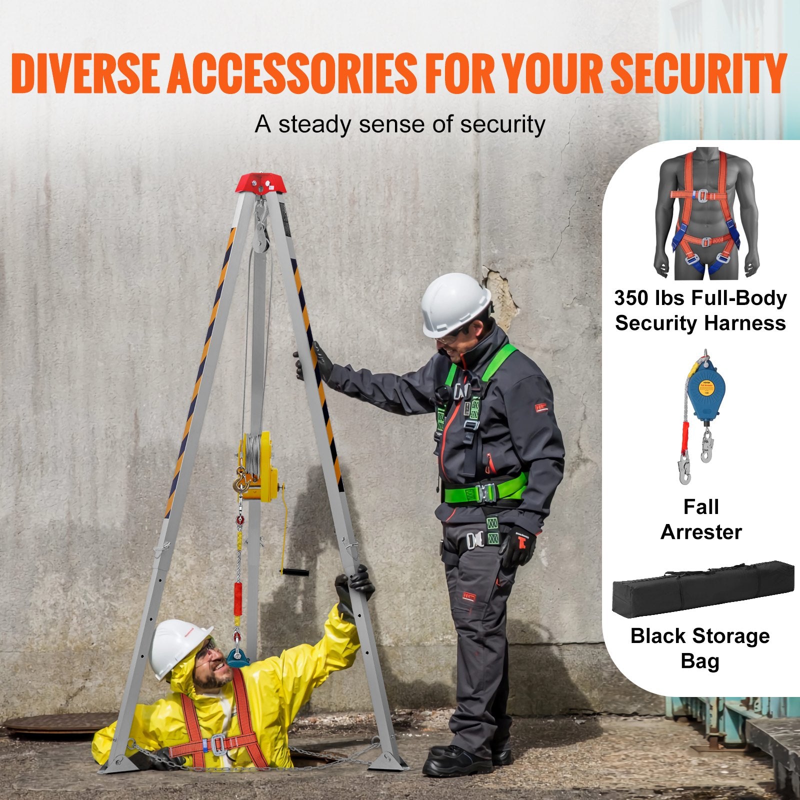 Confined Space Tripod Kit, 2600 lbs Winch, Confined Space Tripod 8' Legs and 98' Cable, Confined Space Rescue Tripod 32.8' Fall Protection, Harness, Storage Bag for Traditional Confined Spaces