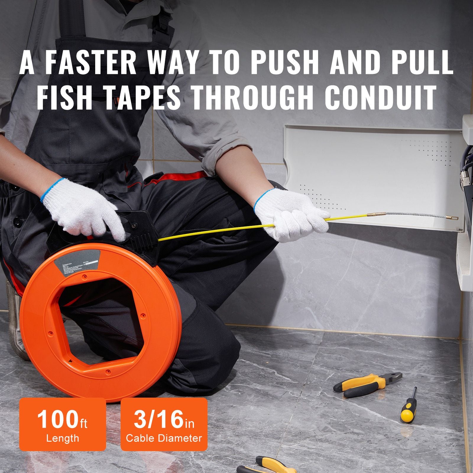 100ft Fiberglass Fish Tape Wire Puller Non-Conductive Cable Tool