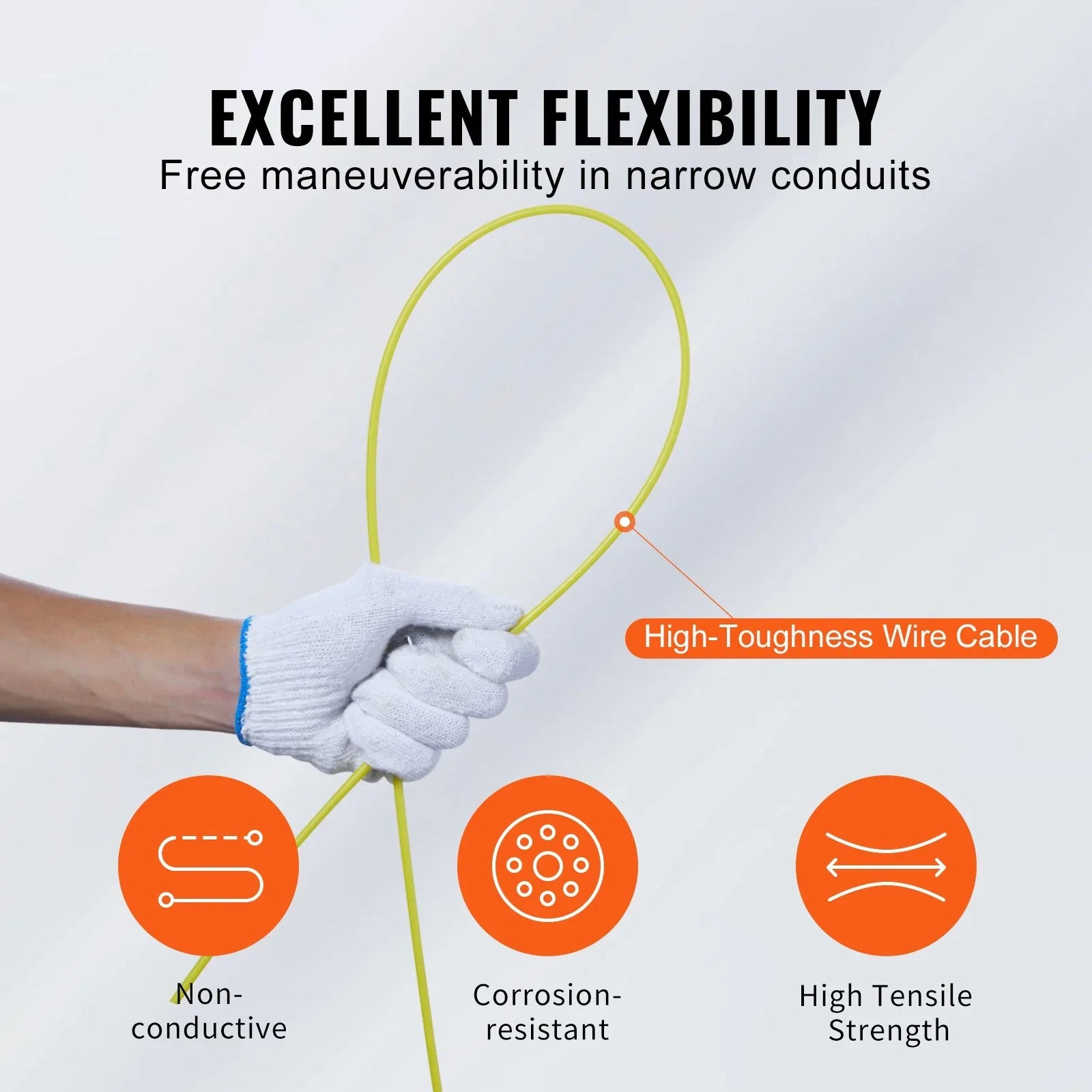 Fish Tape, 100 ft, 3/16-inch, Fiberglass Wire Puller with Optimized Housing and Handle, Easy-to-Use Cable Puller Tool, Flexible Wire Fishing Tools for Wall and Electrical Conduit, Non-Conductive