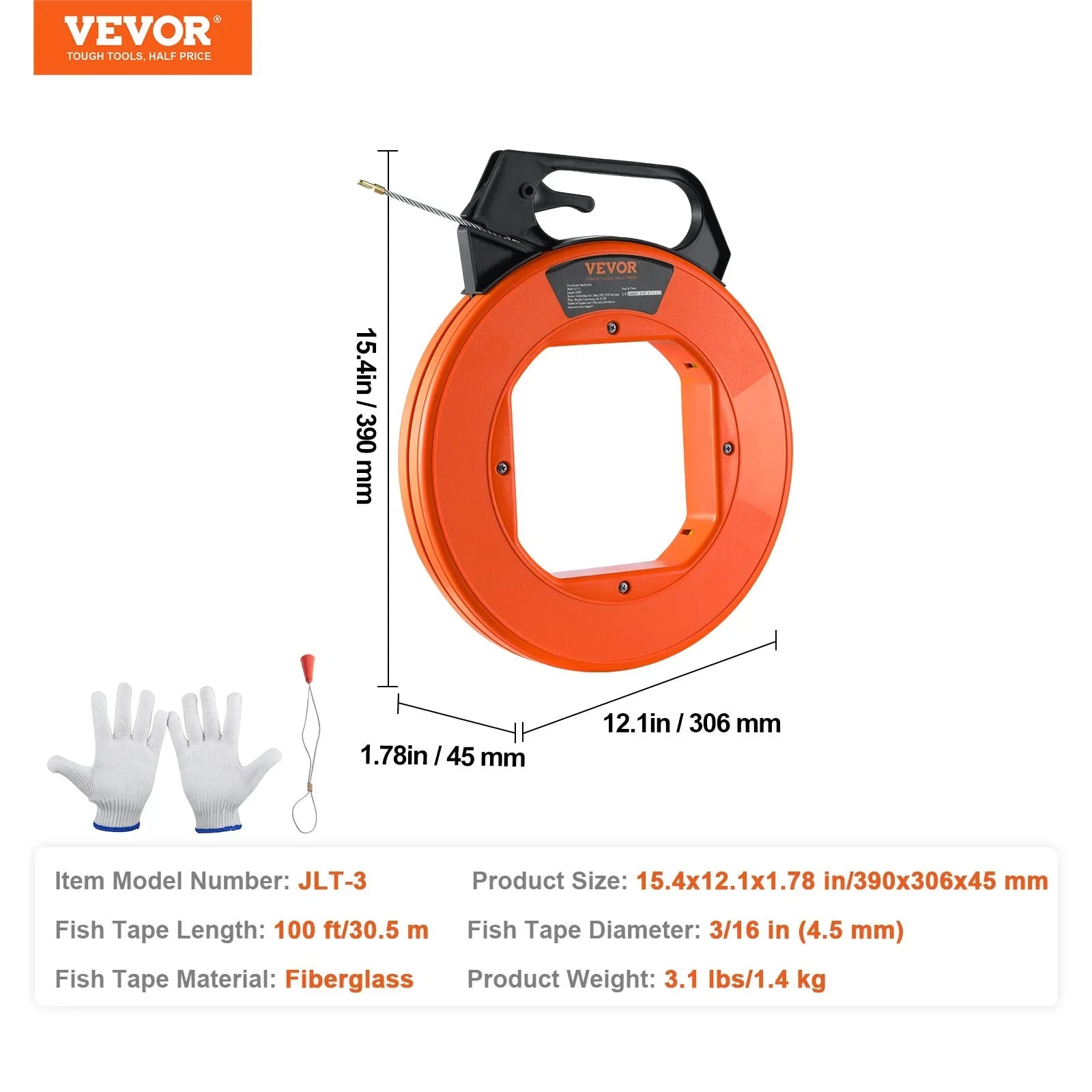 Fish Tape, 100 ft, 3/16-inch, Fiberglass Wire Puller with Optimized Housing and Handle, Easy-to-Use Cable Puller Tool, Flexible Wire Fishing Tools for Wall and Electrical Conduit, Non-Conductive