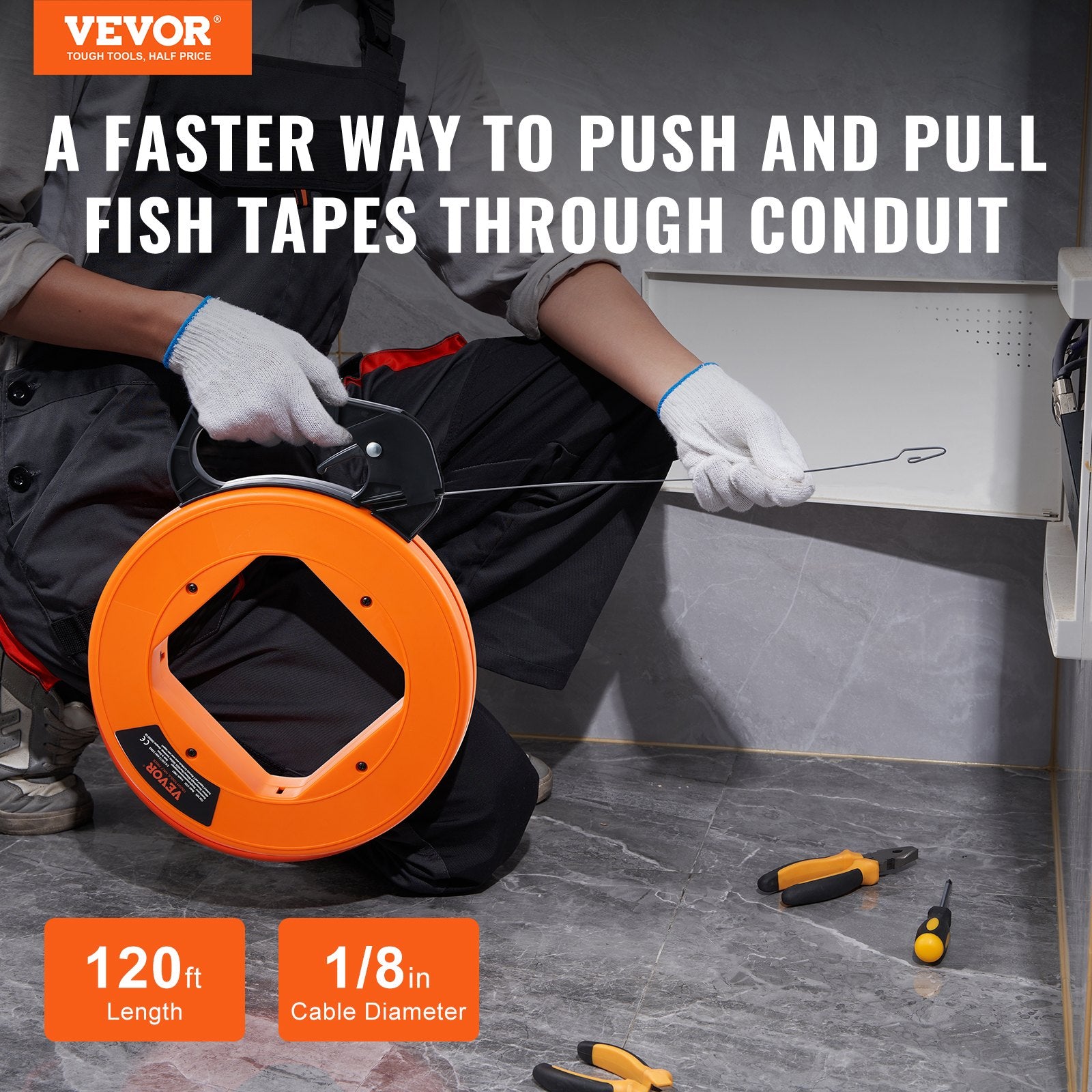 Fish Tape, 36.58 m, 3 mm, Steel Wire Puller with Optimized Housing and Handle, Easy-to-Use Cable Puller Tool, Flexible Wire Fishing Tools for Walls and Electrical Conduit, Non-Conductive
