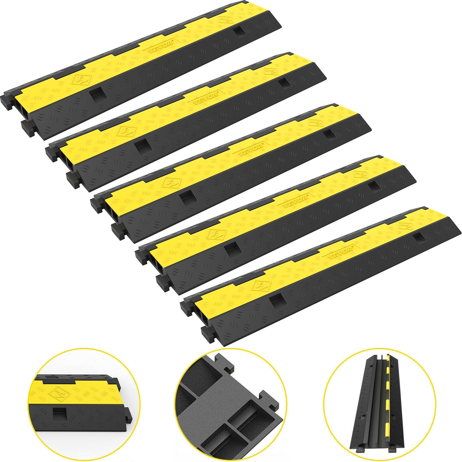 Cable Protector Ramp, 5 Packs 2 Channels Speed Bump Hump, Rubber Modular Speed Bump Rated 11000 LBS Load Capacity, Protective Wire Cord Ramp Driveway Rubber Traffic Speed Bumps Cable Protector