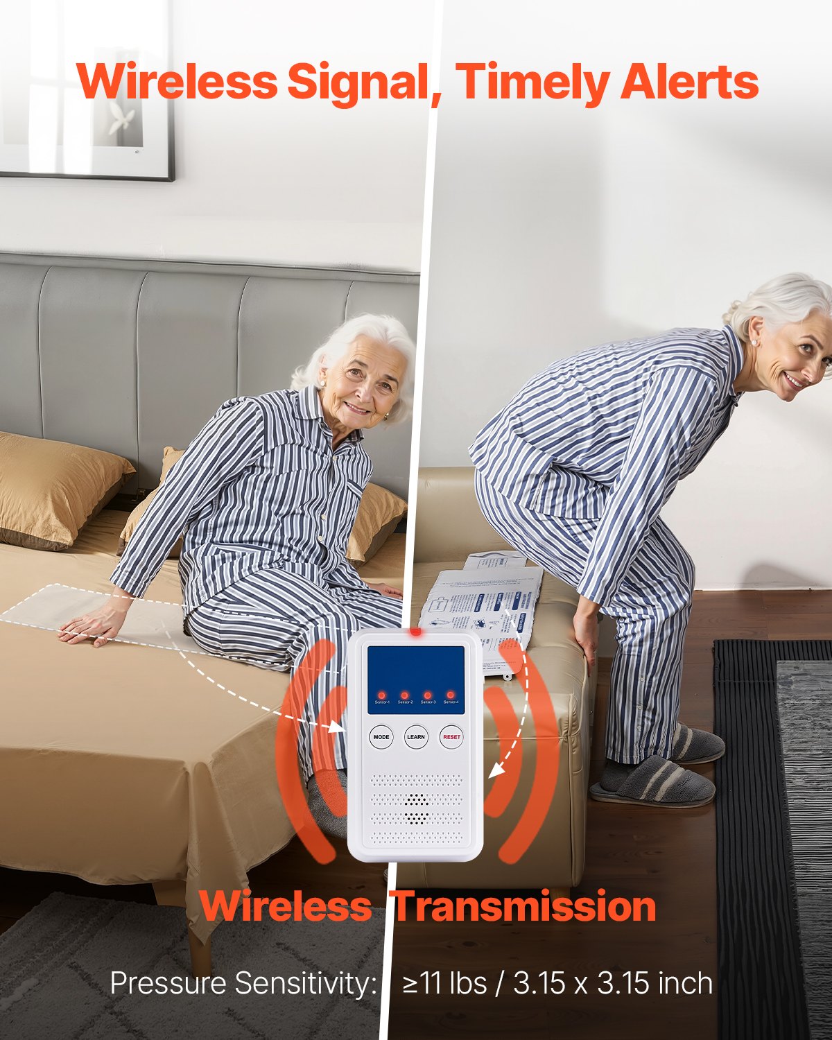 Early Alert Bed Alarm System Wireless Bed and Chair Sensor Pad with Pager