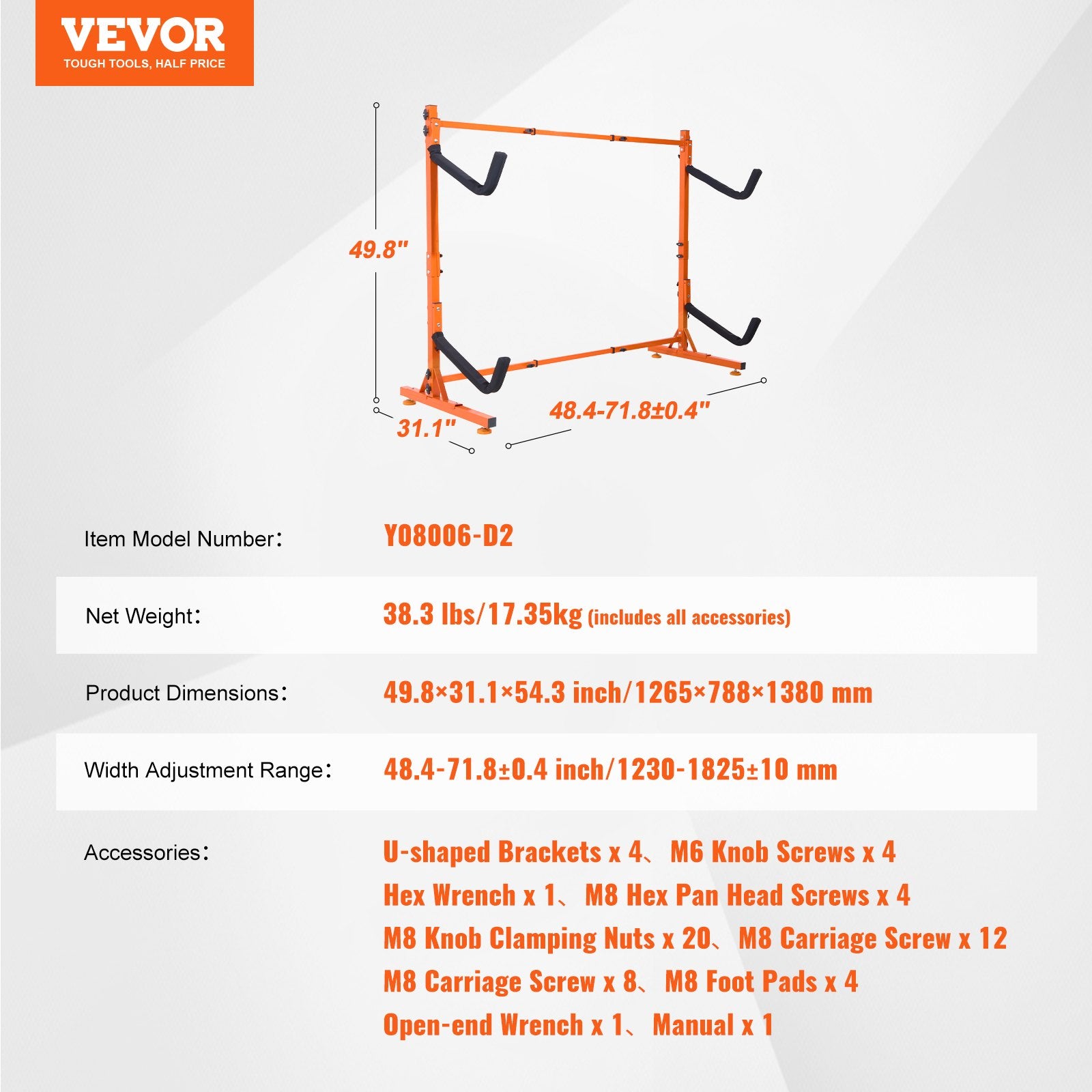 Freestanding Kayak Storage Rack, Kayak Stand for 2 Kayak Canoe Paddleboard, Heavy-duty Steel Kayak Hanger Holder with Padded Arms and Adjustable Width, 79.5kg Max Load, for Indoor Outdoor Garage