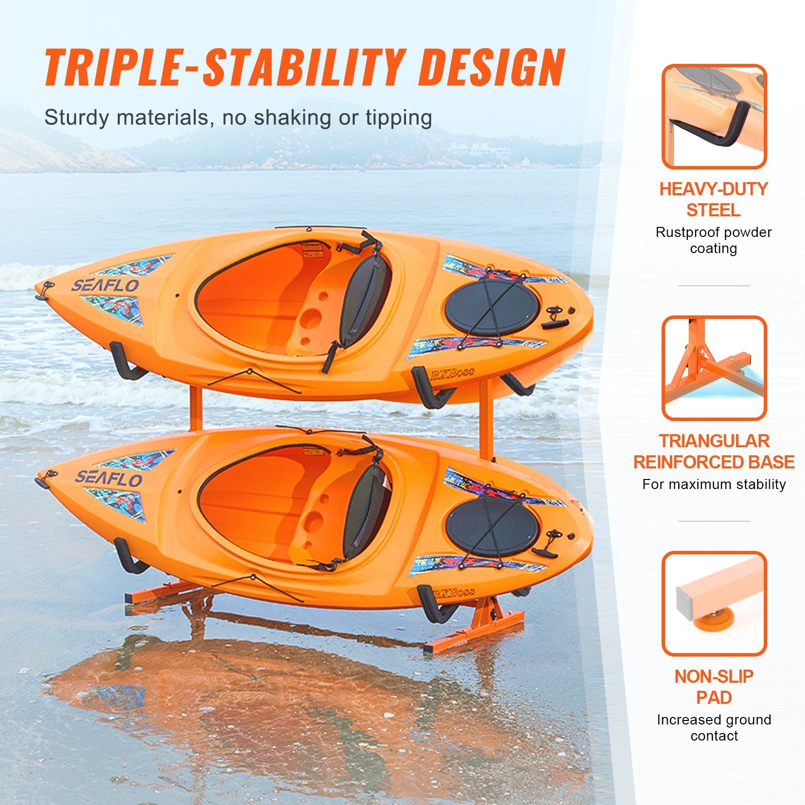 Freestanding Kayak Storage Rack, Kayak Stand for 4 Kayak Canoe Paddleboard, Heavy-duty Steel Kayak Hanger Holder with Padded Arms and Adjustable Width, 100 kg Max Load, for Indoor Outdoor Garage