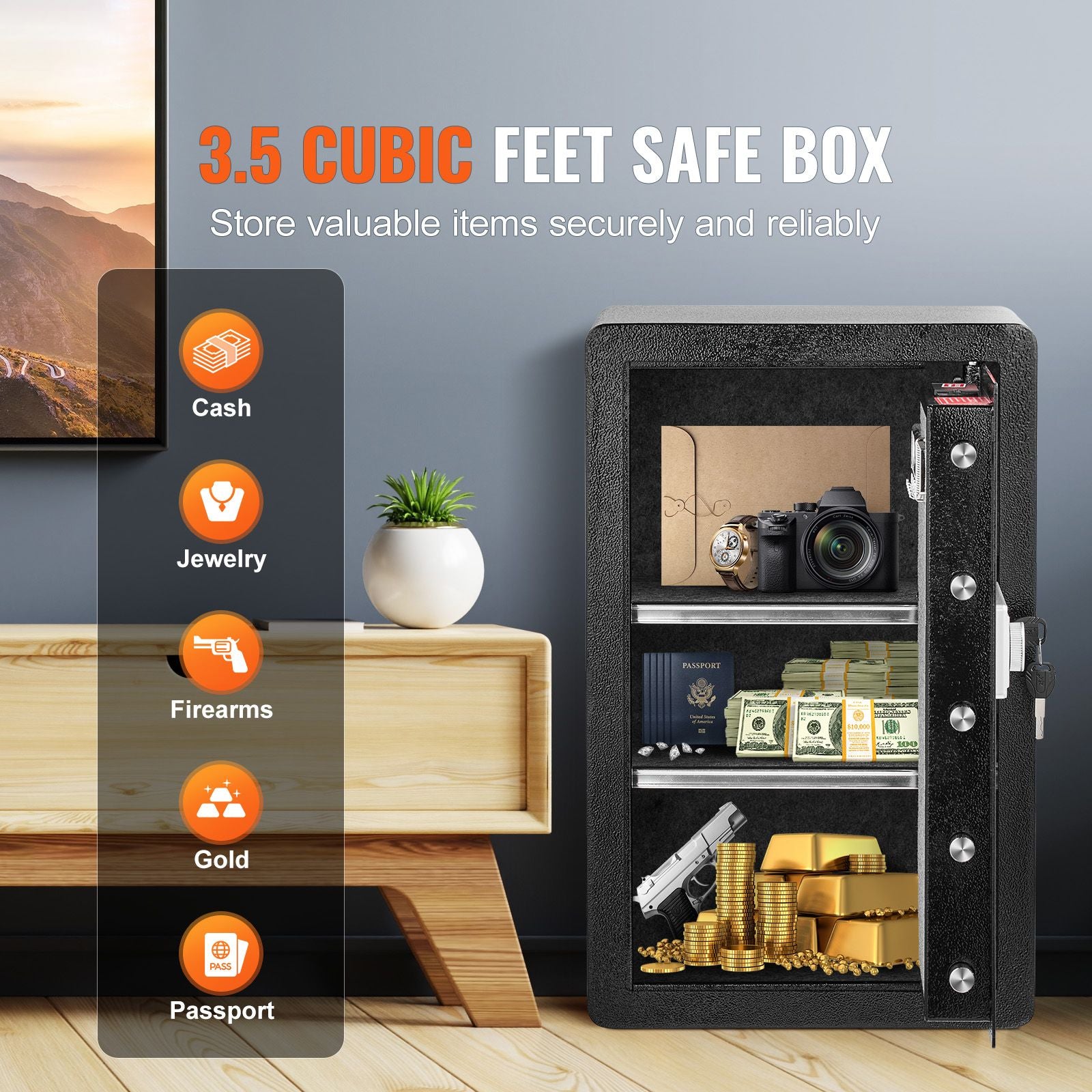 Single Door 3.5 cu.ft Safe Box with Key Lock & Password, Safe Lock Box with Fireproof Bag, Key Rack, LED Light, and 2 Shelves for Money, Documents, Jewelry, and Valuables, Black