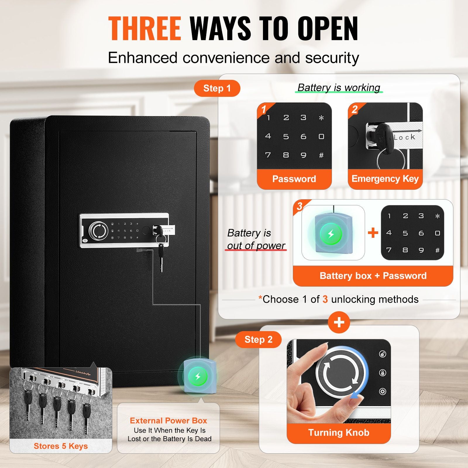 Single Door 3.5 cu.ft Safe Box with Key Lock & Password, Safe Lock Box with Fireproof Bag, Key Rack, LED Light, and 2 Shelves for Money, Documents, Jewelry, and Valuables, Black
