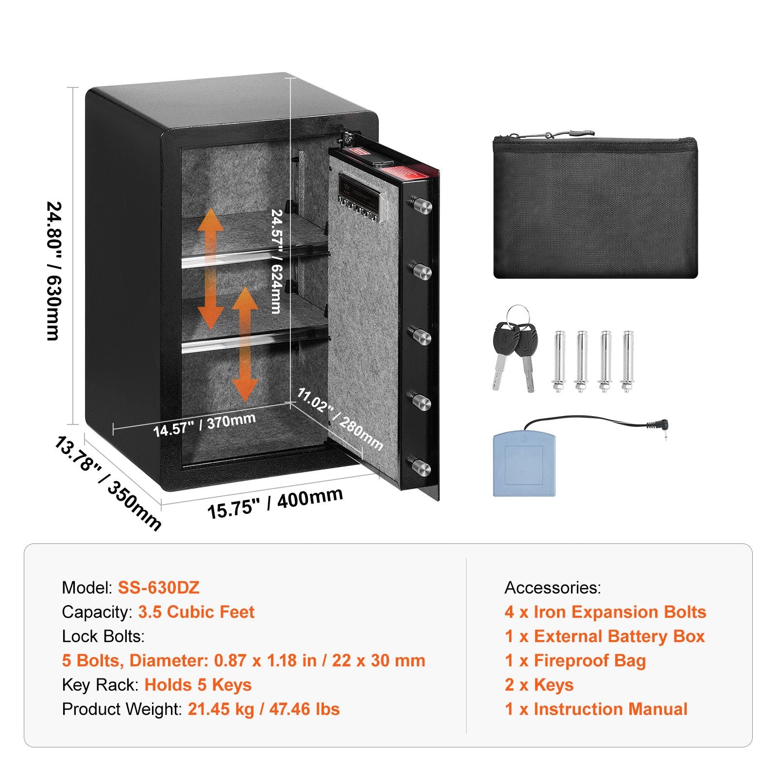 Single Door 3.5 cu.ft Safe Box with Key Lock & Password, Safe Lock Box with Fireproof Bag, Key Rack, LED Light, and 2 Shelves for Money, Documents, Jewelry, and Valuables, Black
