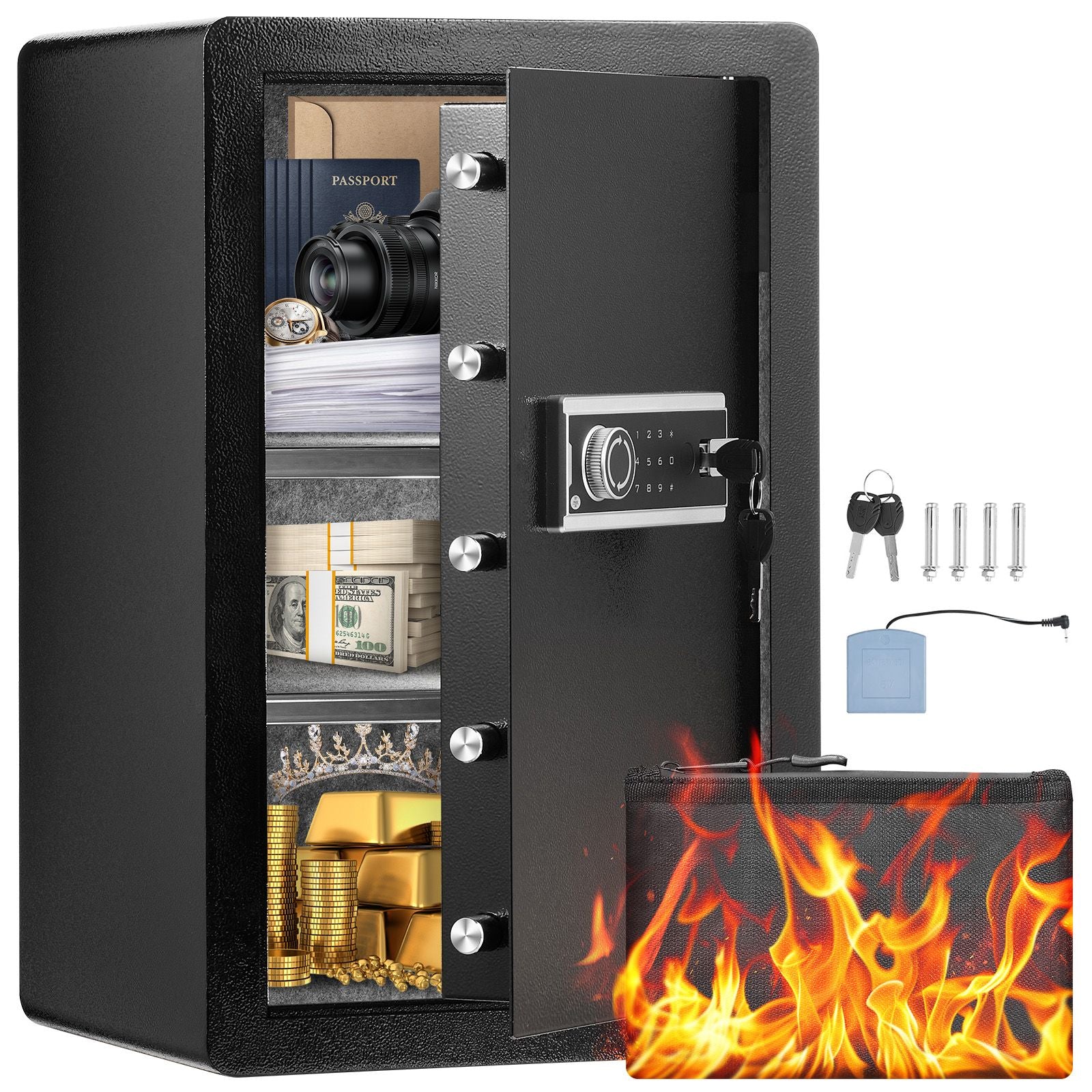 Single Door 3.5 cu.ft Safe Box with Key Lock & Password, Safe Lock Box with Fireproof Bag, Key Rack, LED Light, and 2 Shelves for Money, Documents, Jewelry, and Valuables, Black