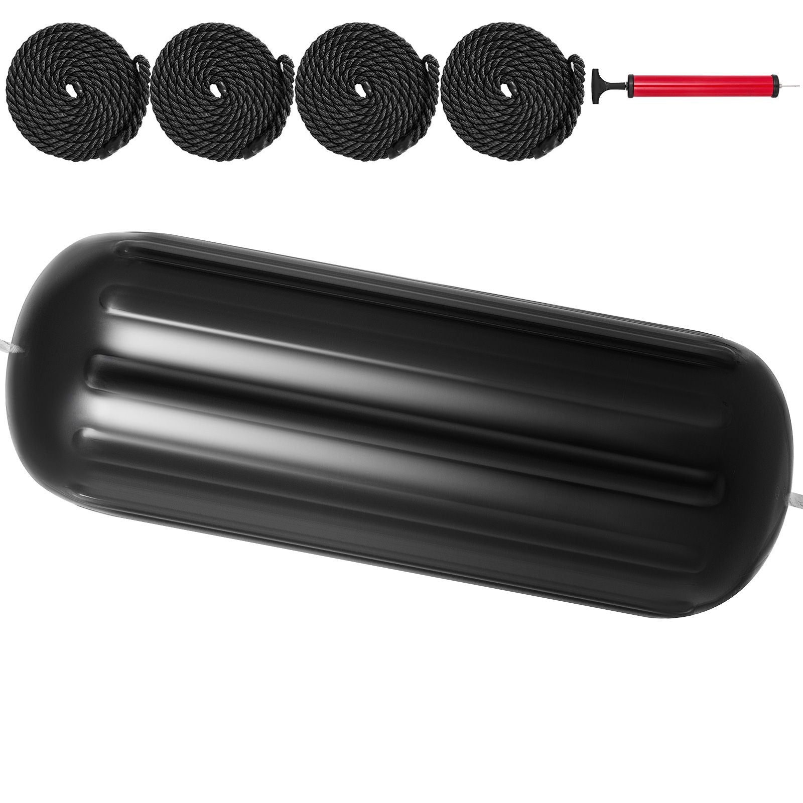 4 Pack 10x28in Boat Fenders Ribbed Vinyl Boat Bumpers with Ropes Black