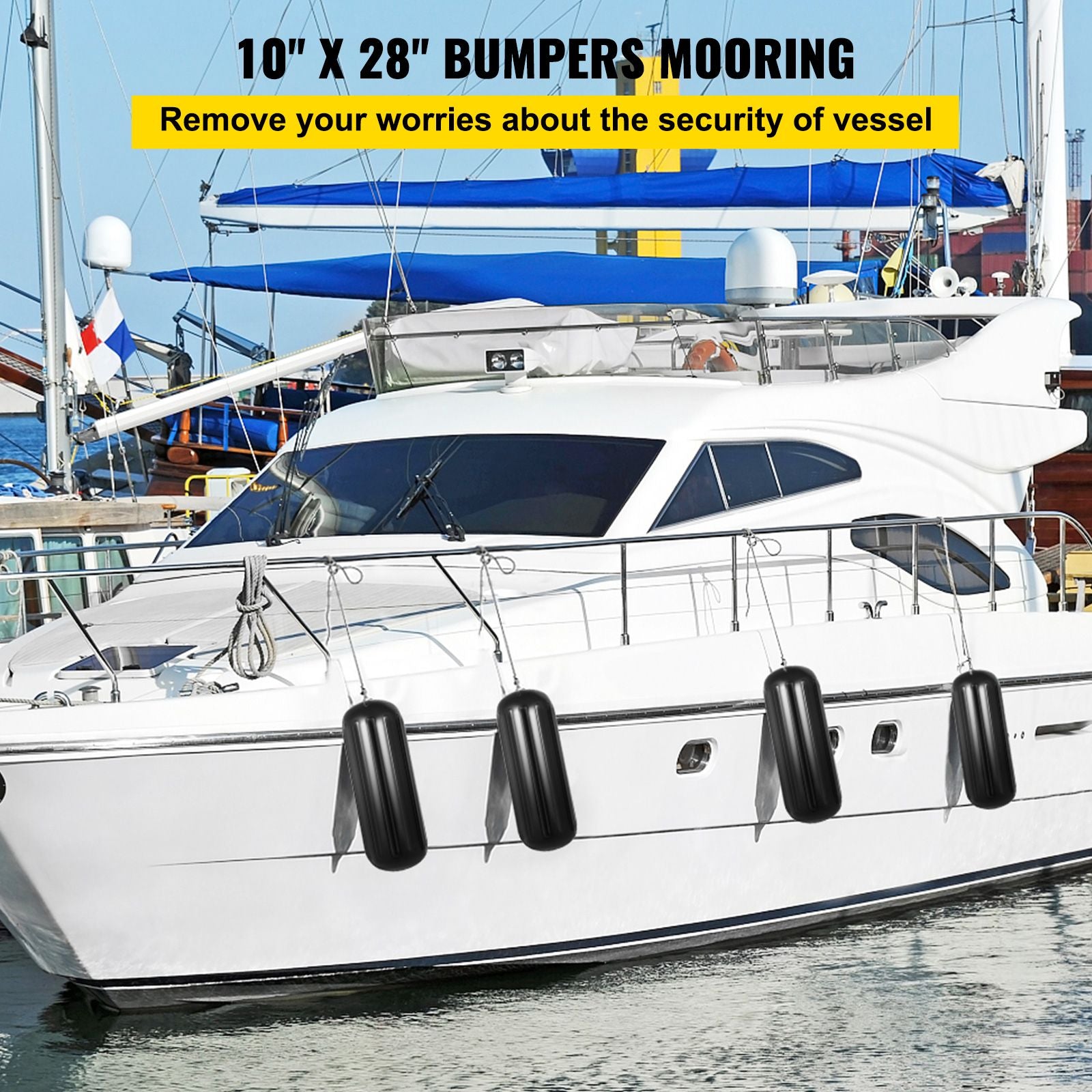 4 Pack 10x28in Boat Fenders Ribbed Vinyl Boat Bumpers with Ropes Black