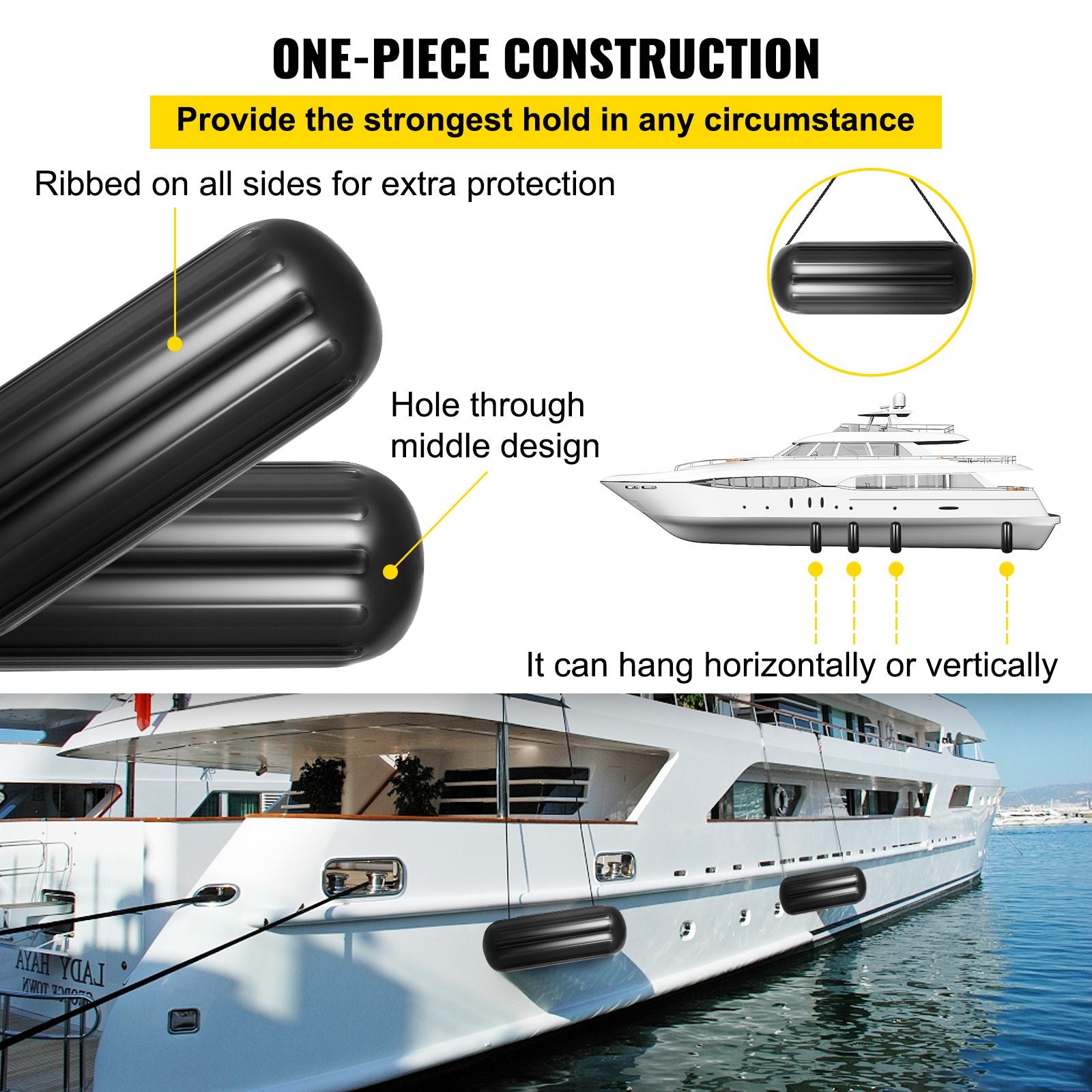 4 Pack 10x28in Boat Fenders Ribbed Vinyl Boat Bumpers with Ropes Black