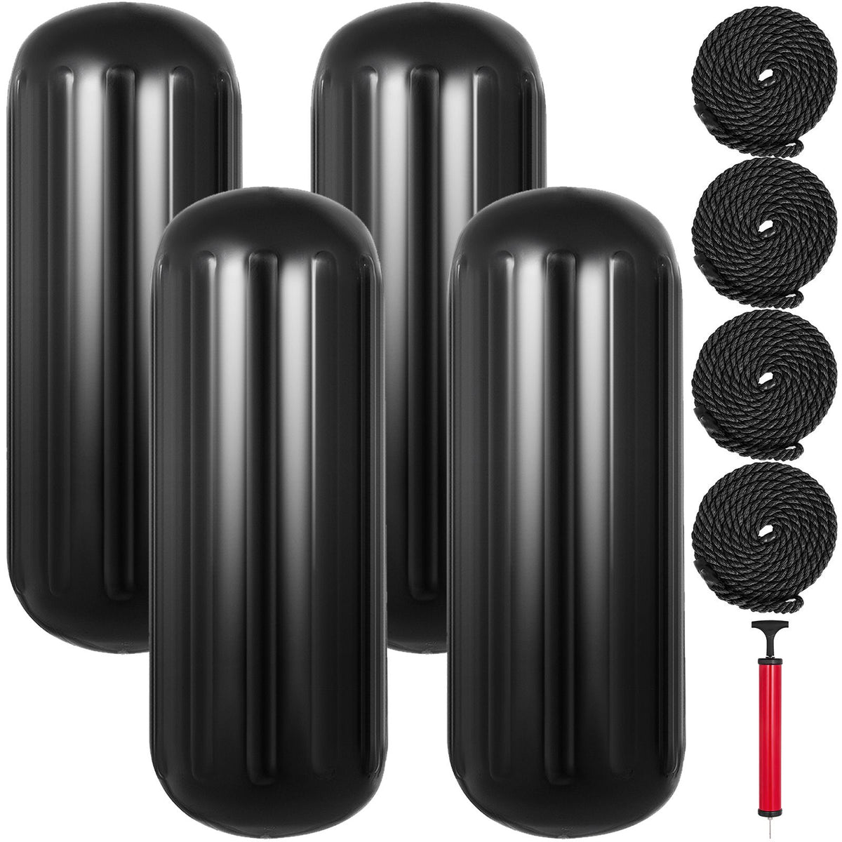 4 Pack 10x28in Boat Fenders Ribbed Vinyl Boat Bumpers with Ropes Black