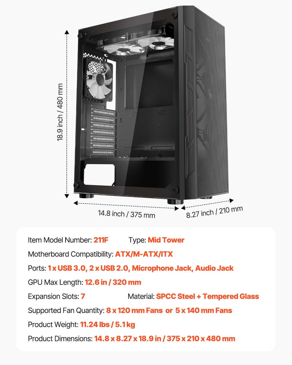 Mid-Tower ATX PC Gaming Case Computer Case Box with 3 x 120 mm ARGB Fans