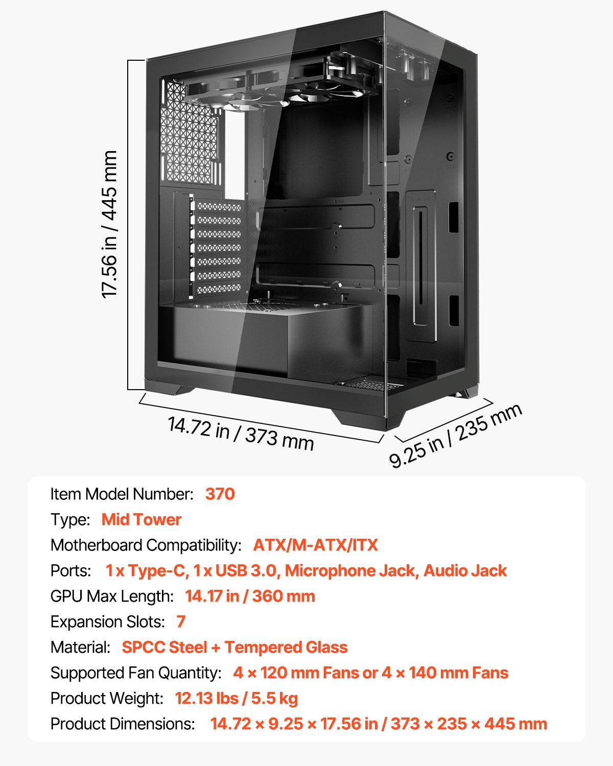 PC Gaming Case Mid-Tower Computer Case with 2 Fans for ATX Motherboard
