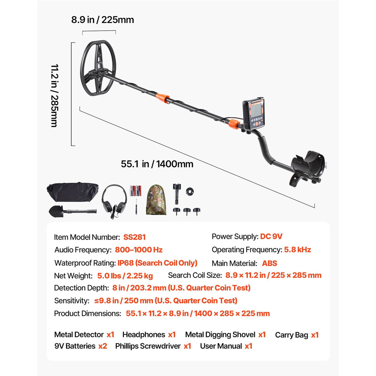Metal Detector for Adults, 254 mm, Professional High Accuracy Gold Detector, IP68 Waterproof Search Coil with Display, Headphones, 5 Modes, Adjustable Length, for Detecting Gold Treasure Hunting