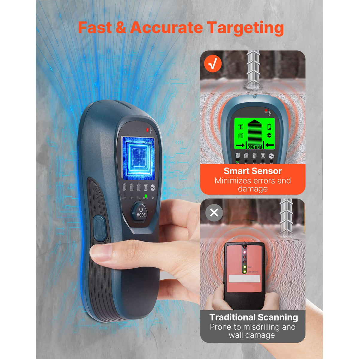 5-in-1 Stud Finder Wall Scanner, Electronic Stud Detector, LCD & Alarm, Blue